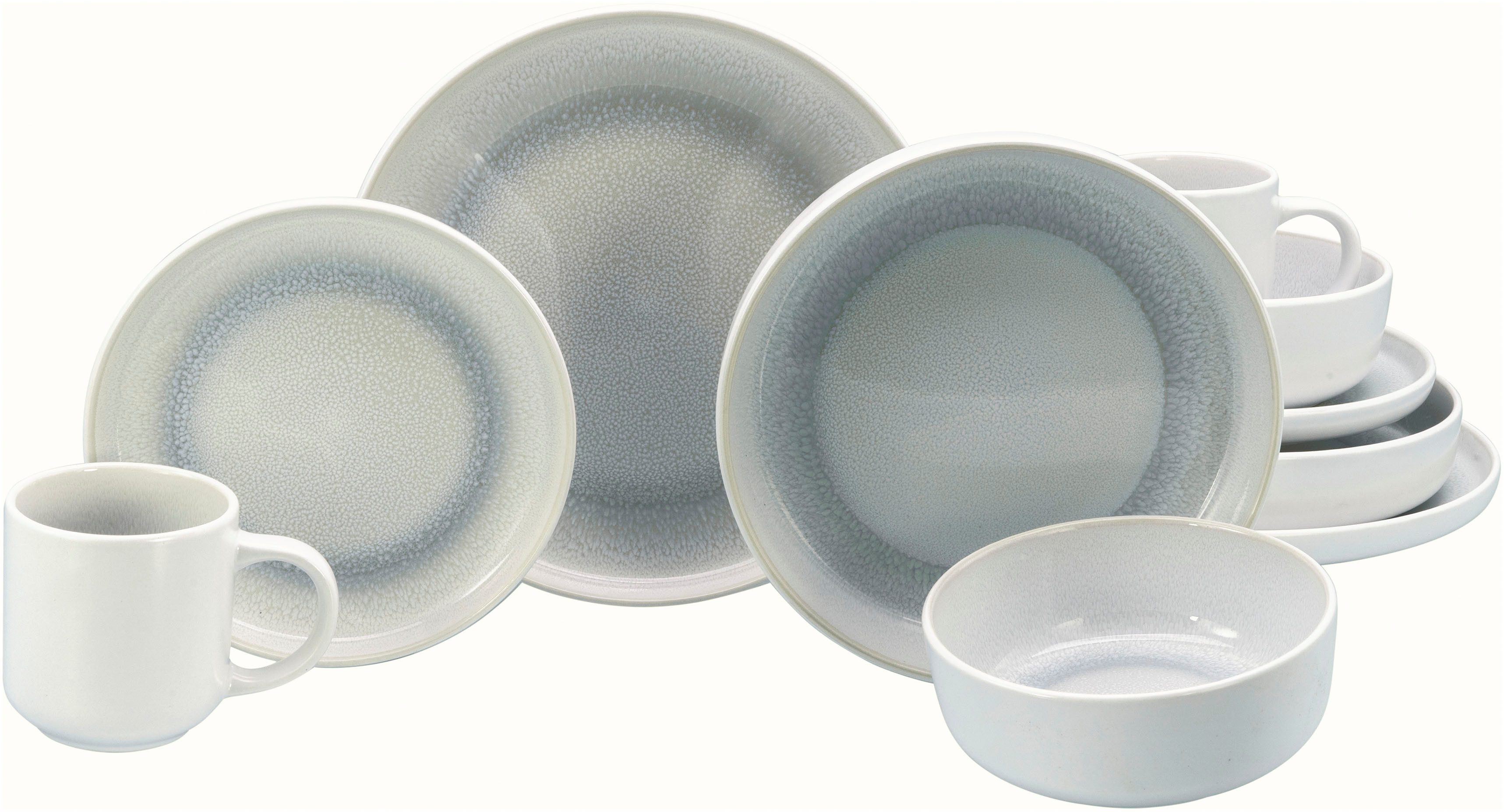 OTTO home Kombiservice modernes Geschirr-Set, Service Lykk (10-tlg), 2 Personen, Steinzeug, hohe Haltbarkeit, spülmaschinen- & mikrowellengeeignet, Reaktivglasur