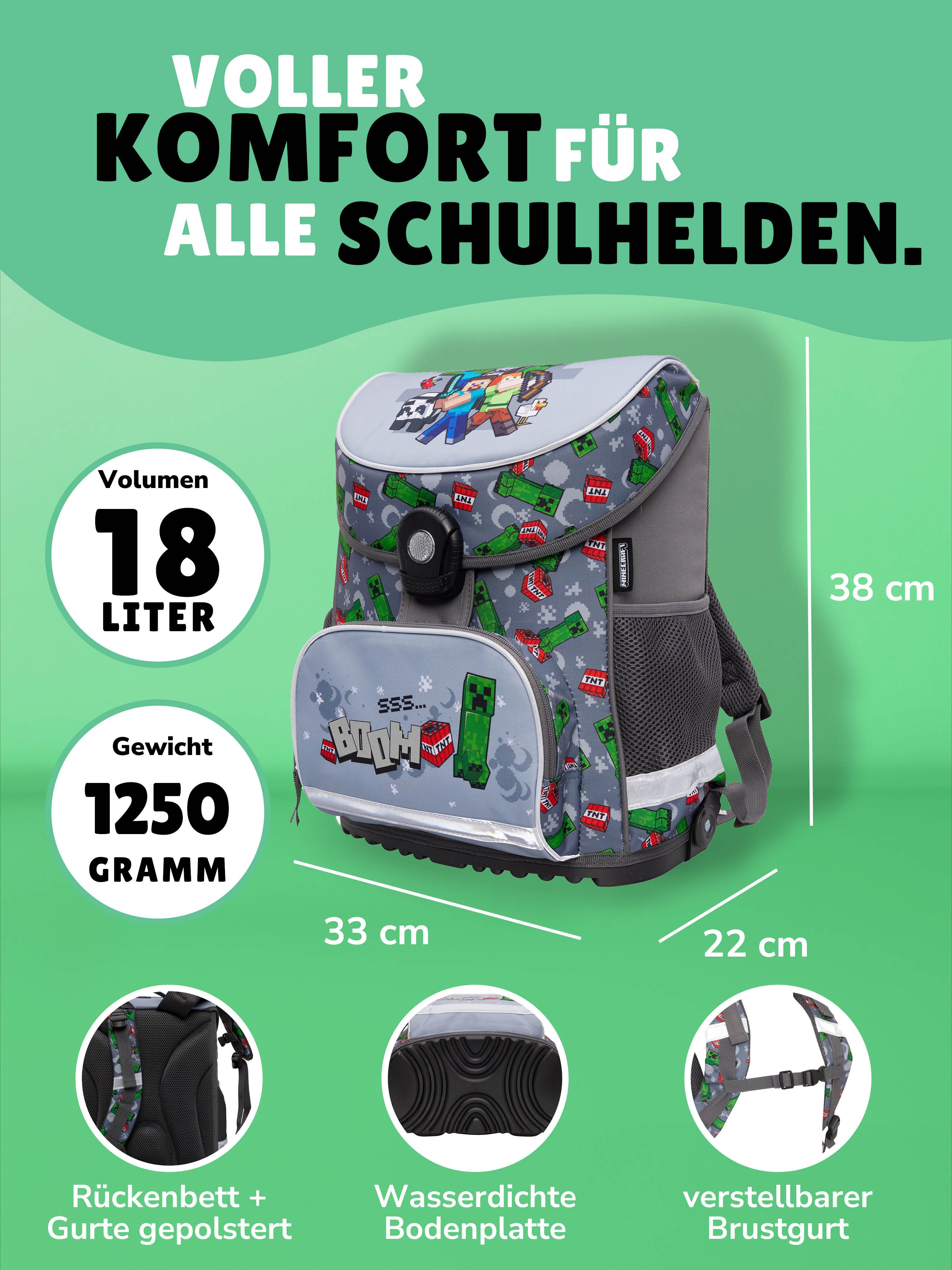 Familando Schulranzen Minecraft Set 6-teilig für 1. Klasse, Ergonmisch, Kompakt, Geräumig (Set, 6-tlg., mit Sporttasche), mit großer Sporttasche und gefüllter Federmappe