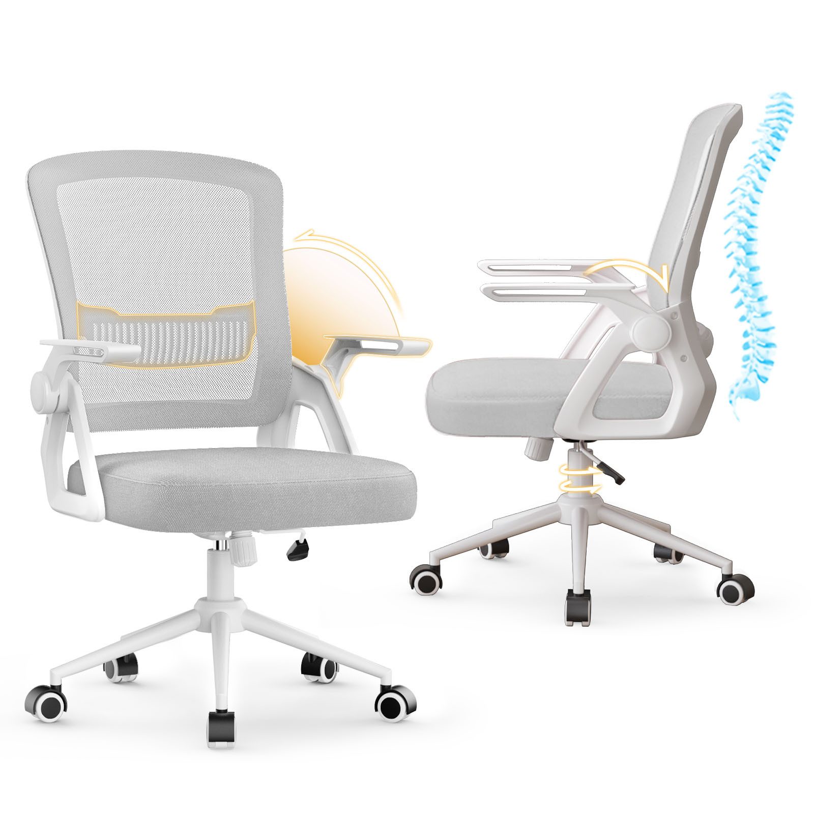 ZAISZE Bürostuhl Ergonomischer Bürostuhl mit Mesh-Rückenlehne und Lendenstütze (Verstellbarer Armlehnen, Atmungsaktiv, Höhenverstellbarer Schreibtischstuhl mit 90° Klappbaren Armlehnen), Verlängerte und Verbreiterte Rückenlehne, Drehstuhl fürs Homeoffice