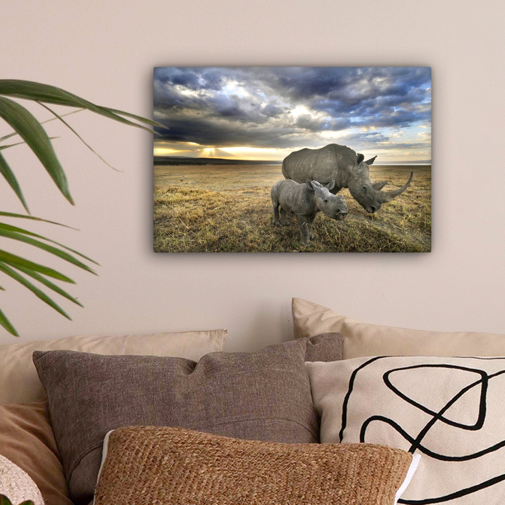 cm Rhinozeros (1 OneMillionCanvasses® Wandbild Safari, Kalb Wanddeko, Leinwandbilder, St), Leinwandbild - - 30x20 Aufhängefertig,