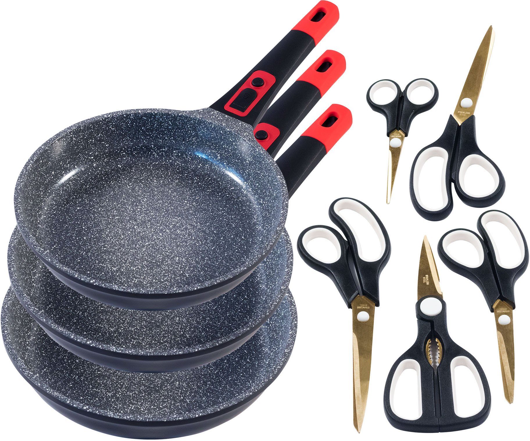 Pfannen-Set 8-tlg., Griff,Induktion,Keramikbeschichtung»Fusion Scheren), (Set, 3 5 Pfannen, Ø28/24/20cm,abnehmbarer KING CLICK-GRIP, TI« Aluminiumguss