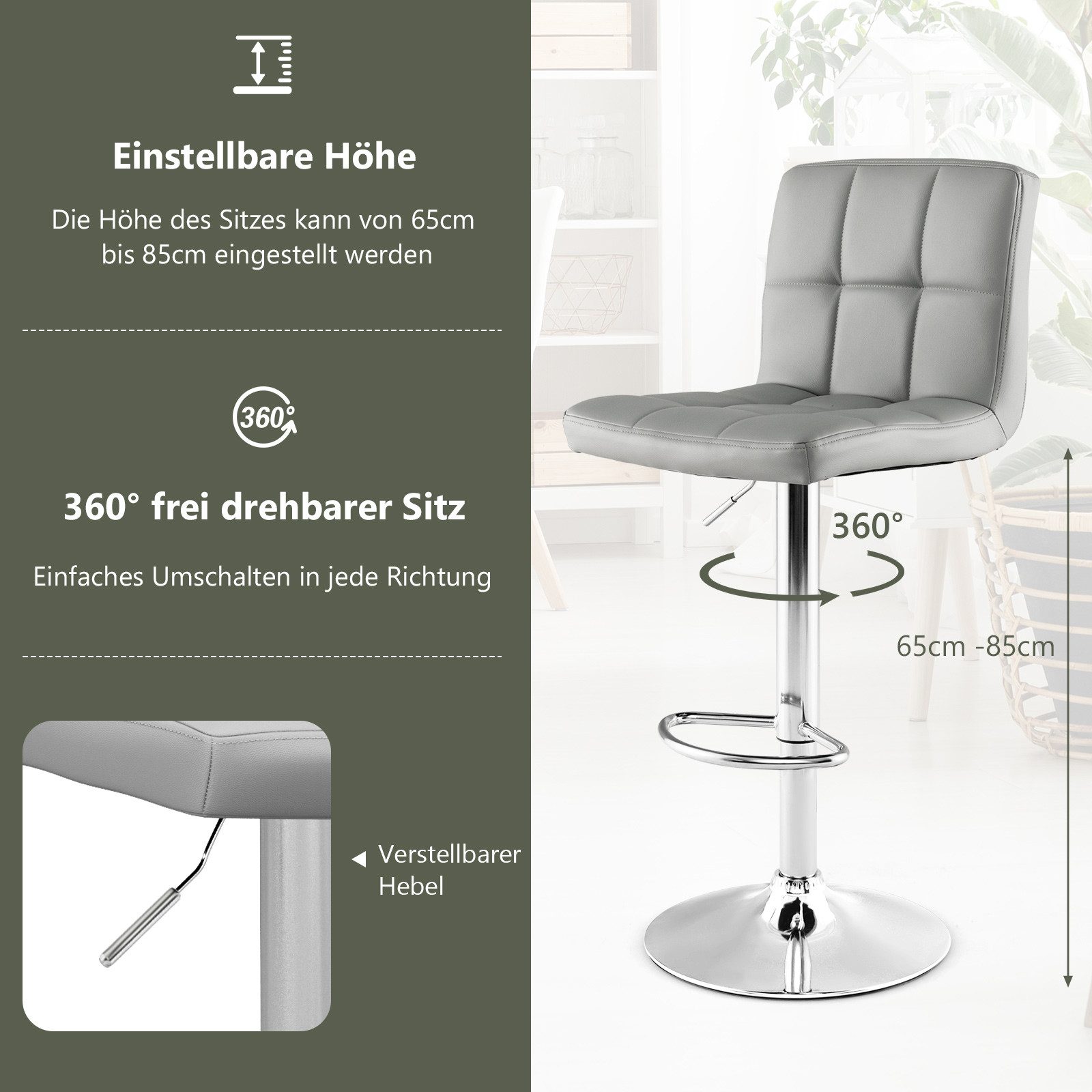 COSTWAY Barhocker (1 St), höhenverstellbar, Drehstuhl mit Fußstütze