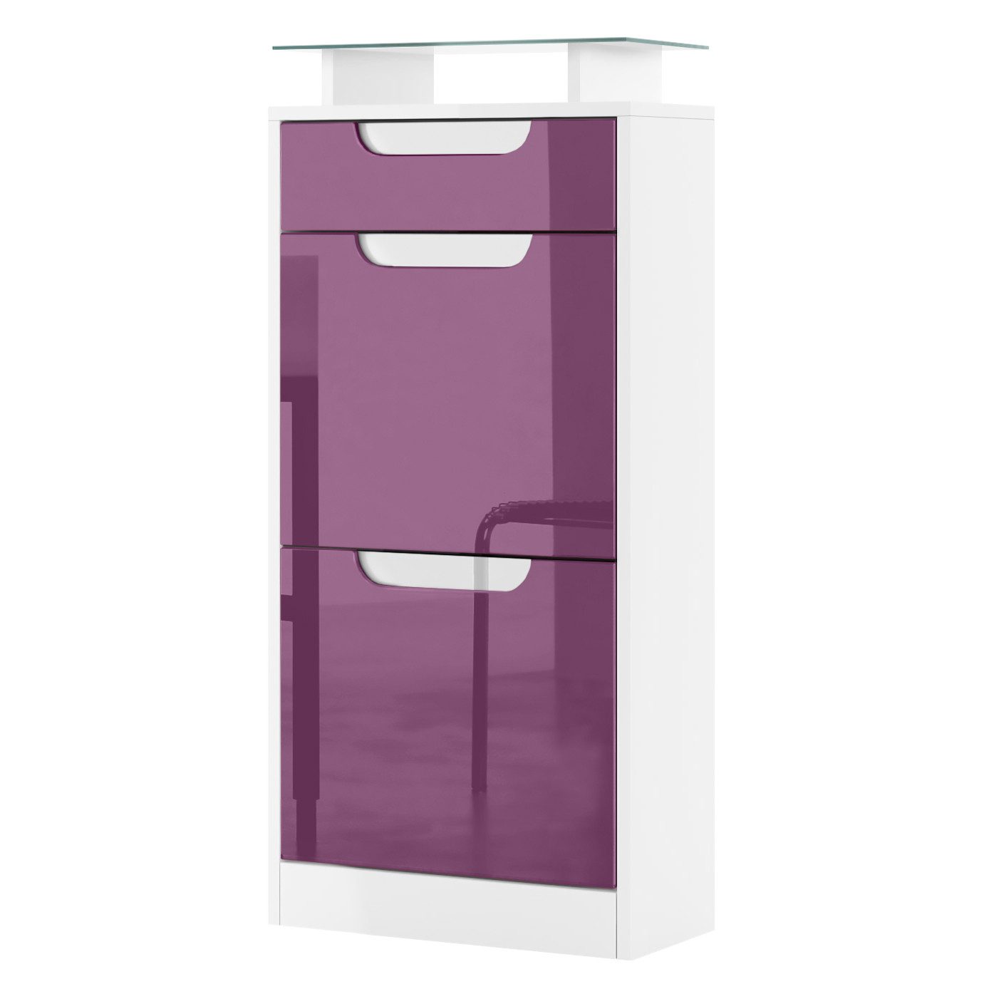 Vladon Schuhschrank Fiesta V2 (Schuhkipper für 8 Paar Schuhe, mit 2 Klappen, Schublade und Glasablage) Weiß matt/Brombeer Hochglanz, Mulden in Weiß Hochglanz (46x104x23 cm)