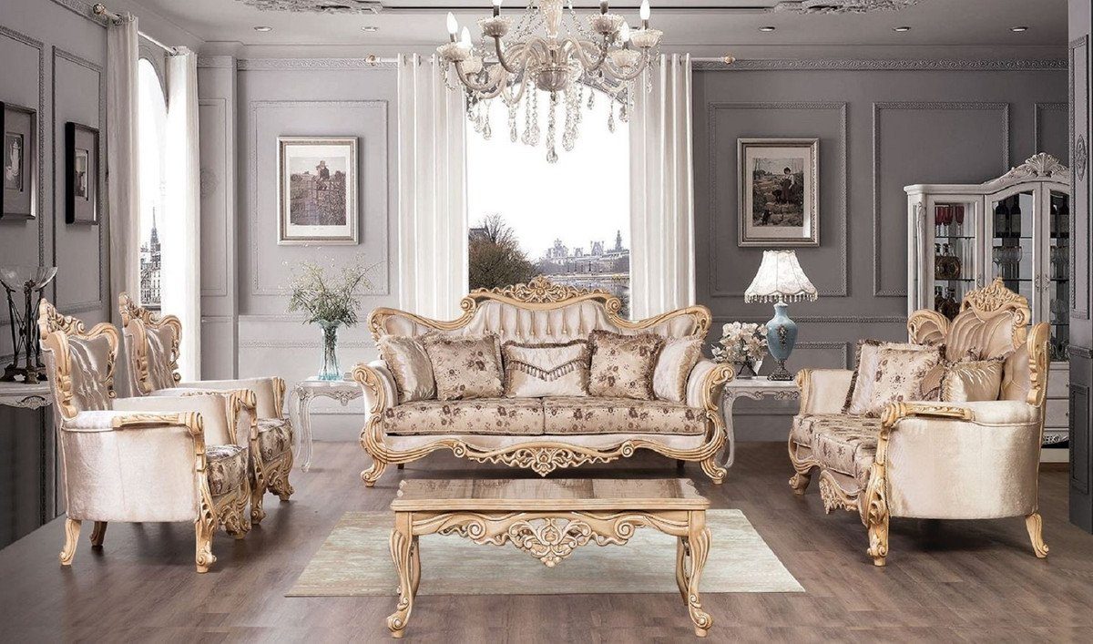 Casa Padrino Sofa mit Beige / Prunkvolles Sofa elegantem Sofa / Muster Wohnzimmer - Möbel Naturfarben Luxus Barock Edel - Barock & Braun - Prunkvoll