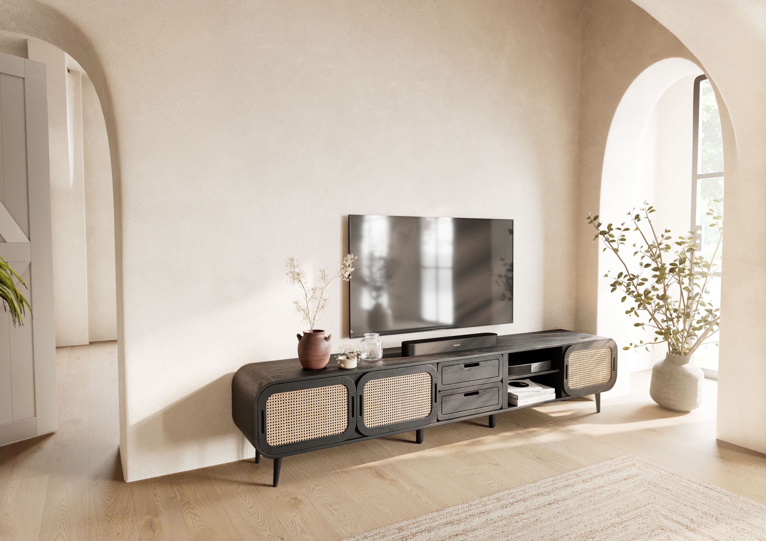 Massivmoebel24 TV-Board VALENCIA (Massivholz), Mango 240x40x50 dunkelgrau lackiert VALENCIA #225