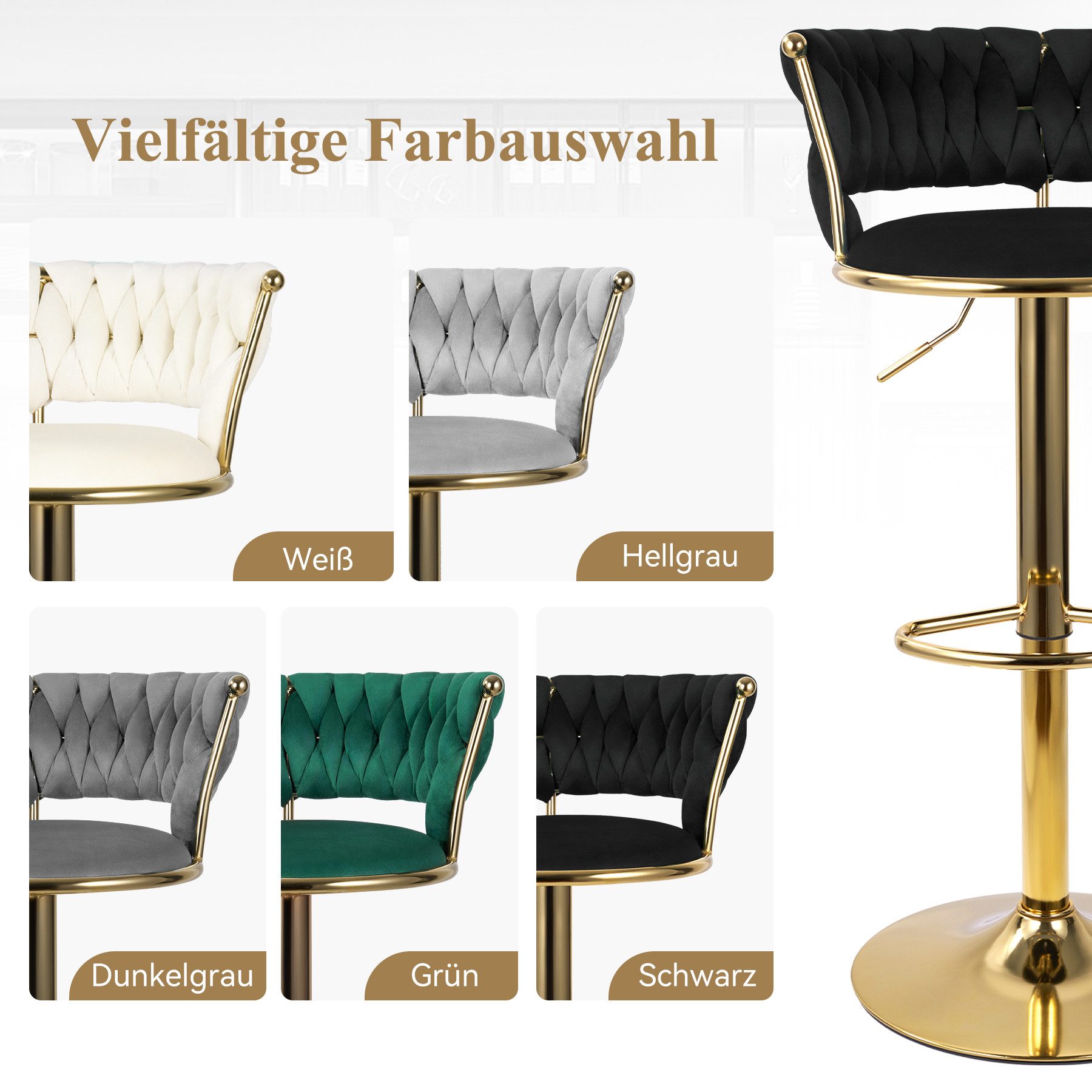 HawthyHome Barhocker Barstuhl mit Rückenlehne und Fußstütze höhenverstellbar drehbar (2 St), mit goldener Metallbasis, Schwarz – Bild 5 von 5