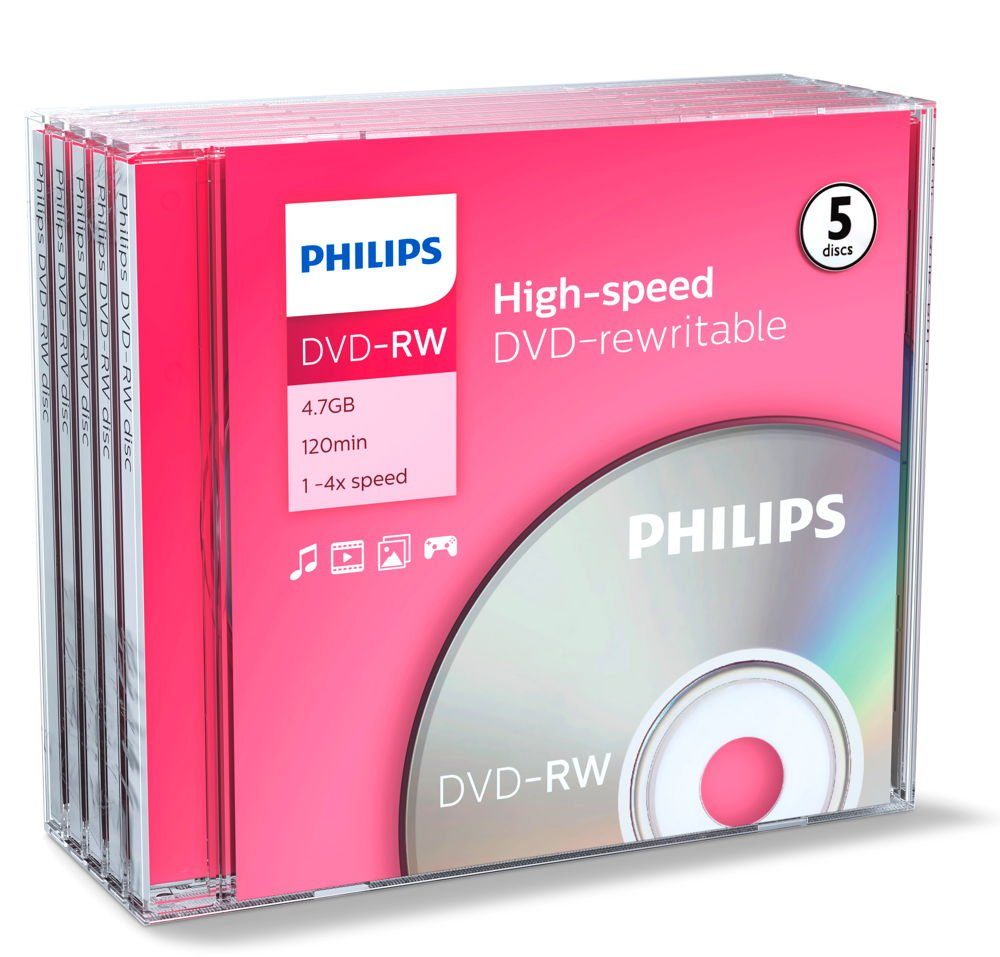 Philips DVD-Rohling 5 Philips Rohlinge DVD-RW 4,7GB 4x Jewelcase