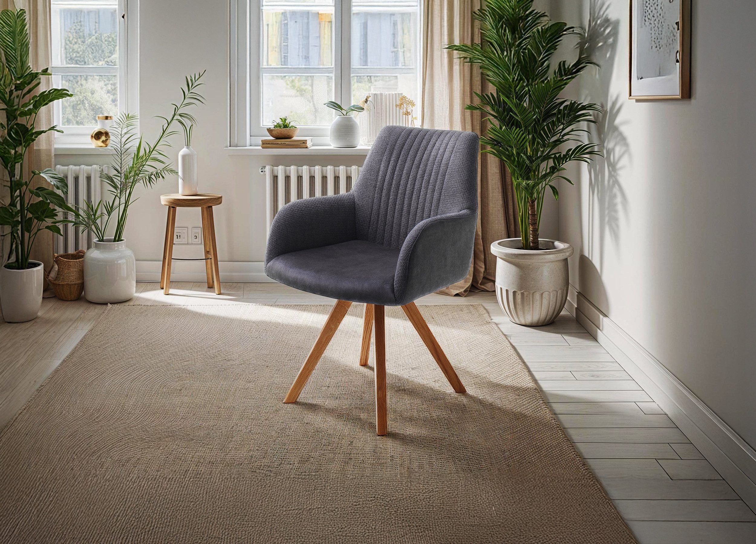 Massivart® Polsterstuhl drehbar, Esszimmerstuhl, Stoffbezug mit Struktur, Armlehne, »OKLAHOMA«, Webstoff · Gestell Wildeiche massiv