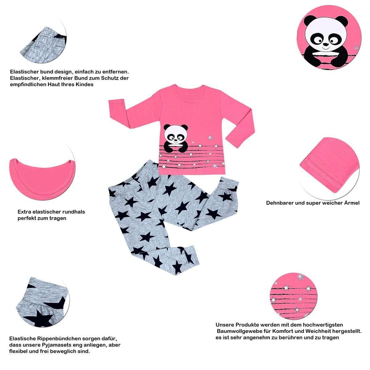 Schlafanzug Set LOREZA 2 Hausanzug Panda Pyjama Rosa (Set, Pyjama Mädchen tlg) langarm Baumwolle