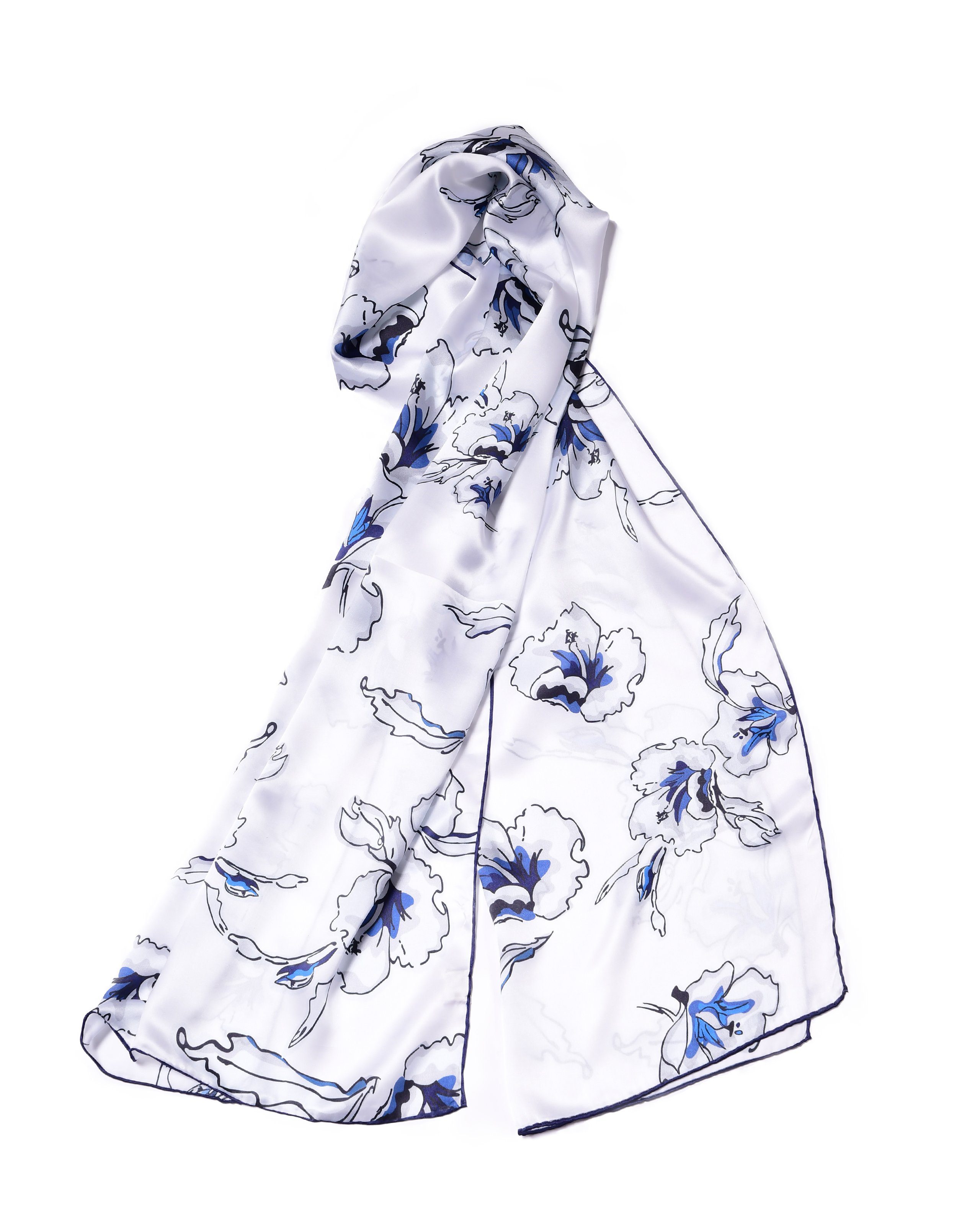 Seidenschal Hibiskus Blau, 55 x 175 cm, leichter Damen-Schal, alljährig