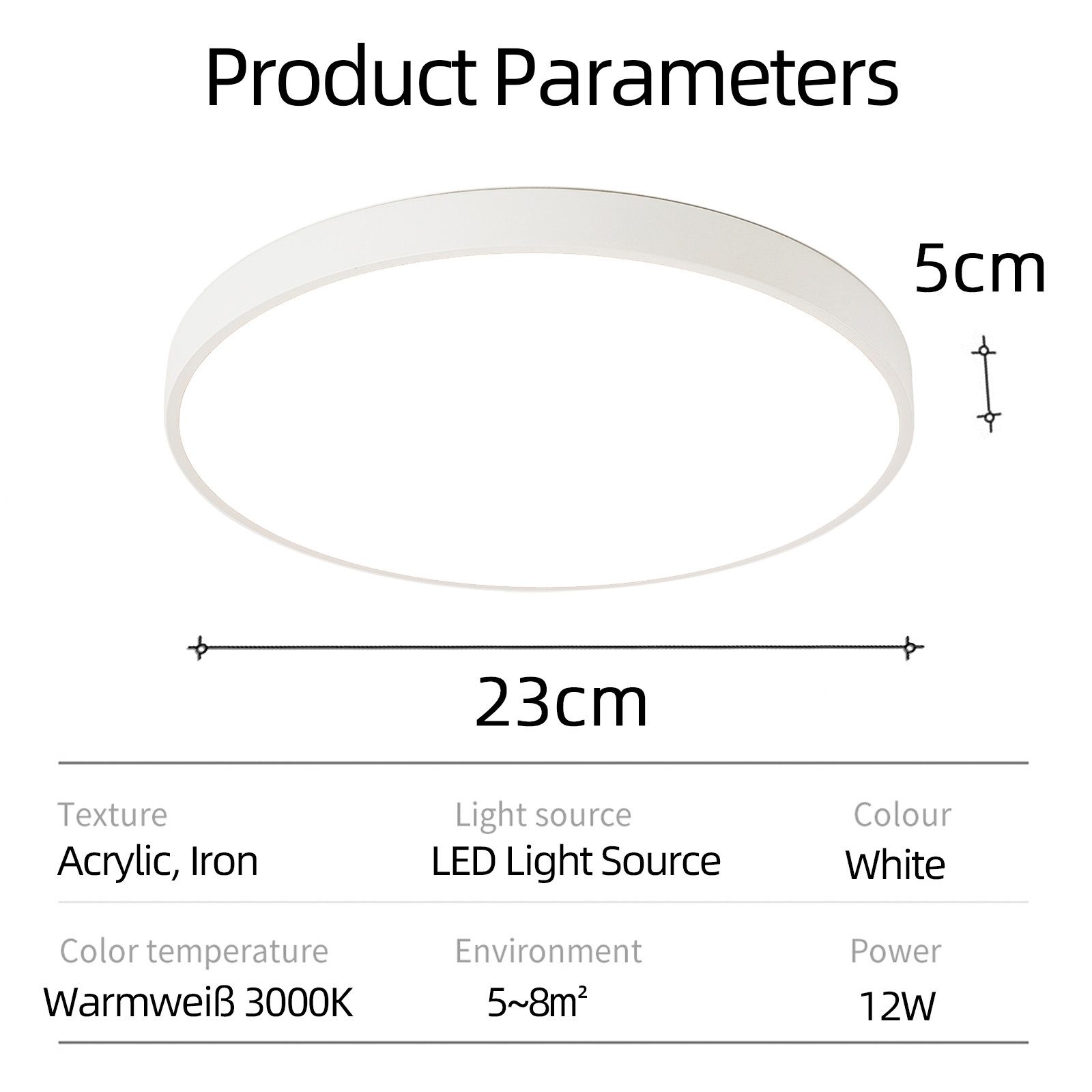style home LED Deckenleuchte Modern Deckenlampe für Wohnzimmer Schlafzimmer, 12W-Warmweiß 3000K, LED fest integriert, Warmweiß 3000K ohne Fernbedienung, Runde Flach Lampe aus Metall, 12W, Ø23*5cm,Weiß