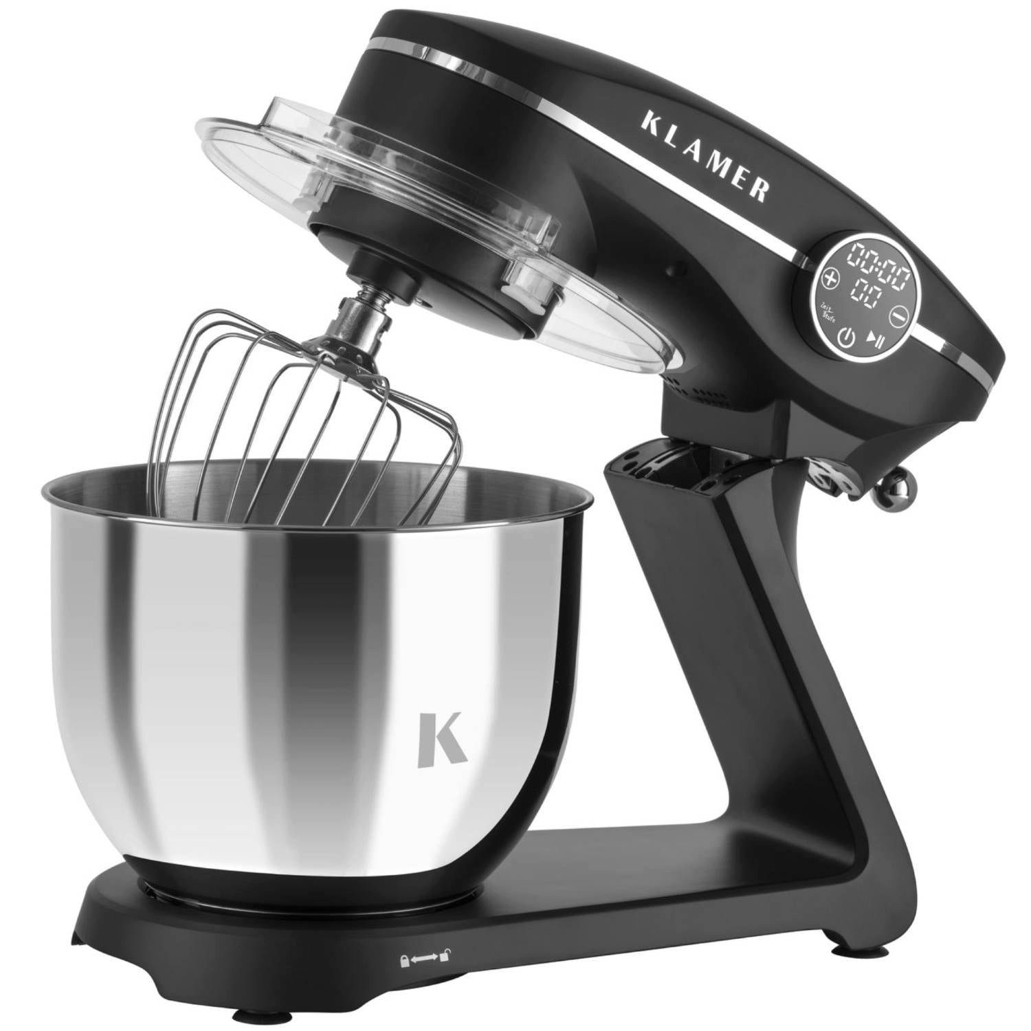 KLAMER Küchenmaschine 1800W, 6L Edelstahl-Schüssel, Knetmaschine mit 10 Geschwindigkeiten & Timer, schwarz, 1800 W, 6 l Schüssel, Spritzschutz, 3 Werkzeuge, Saugfüße, digitales Display, Timer