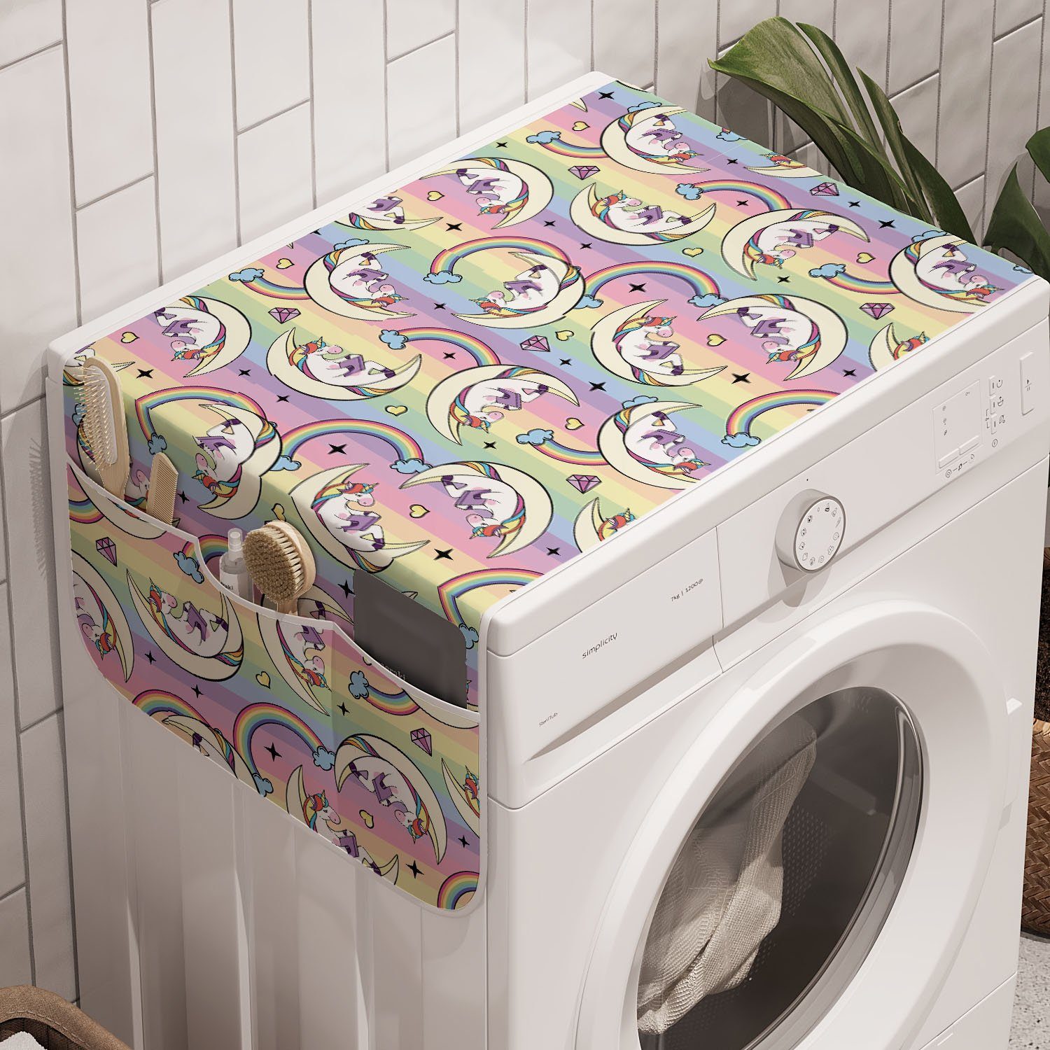 Abakuhaus Badorganizer Anti-Rutsch-Stoffabdeckung für Waschmaschine und Trockner, Regenbogen Multicolor Bookworm Unicorn