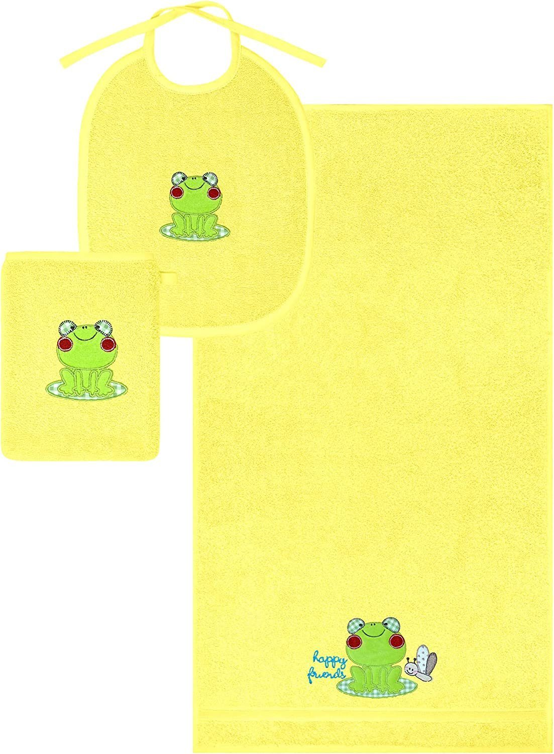 Lashuma Neugeborenen-Geschenkset (Set, 3-tlg) Gelbes Babylätzchen mit Waschlappen u. Handtuch aus 100% Baumwolle Frosch