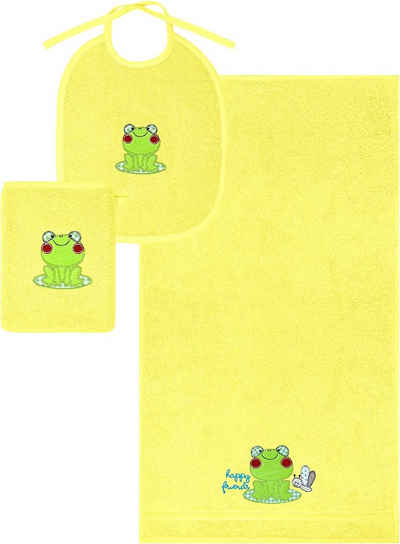 Lashuma Neugeborenen-Geschenkset (Set, 3-tlg) Gelbes Babylätzchen mit Waschlappen u. Handtuch aus 100% Baumwolle