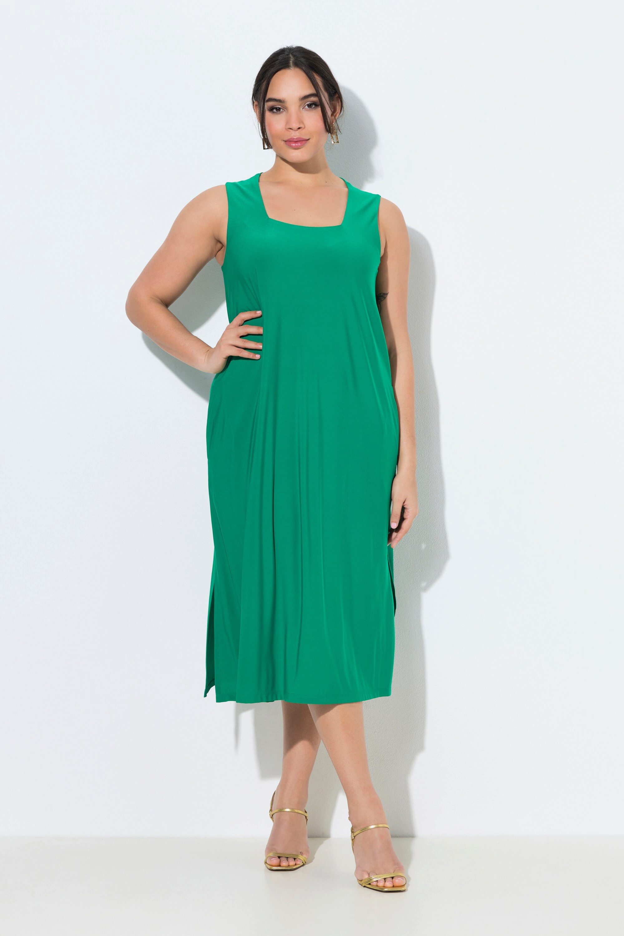 Ulla Popken Cocktailkleid Jerseykleid A-Linie Carré-Ausschnitt ärmellos