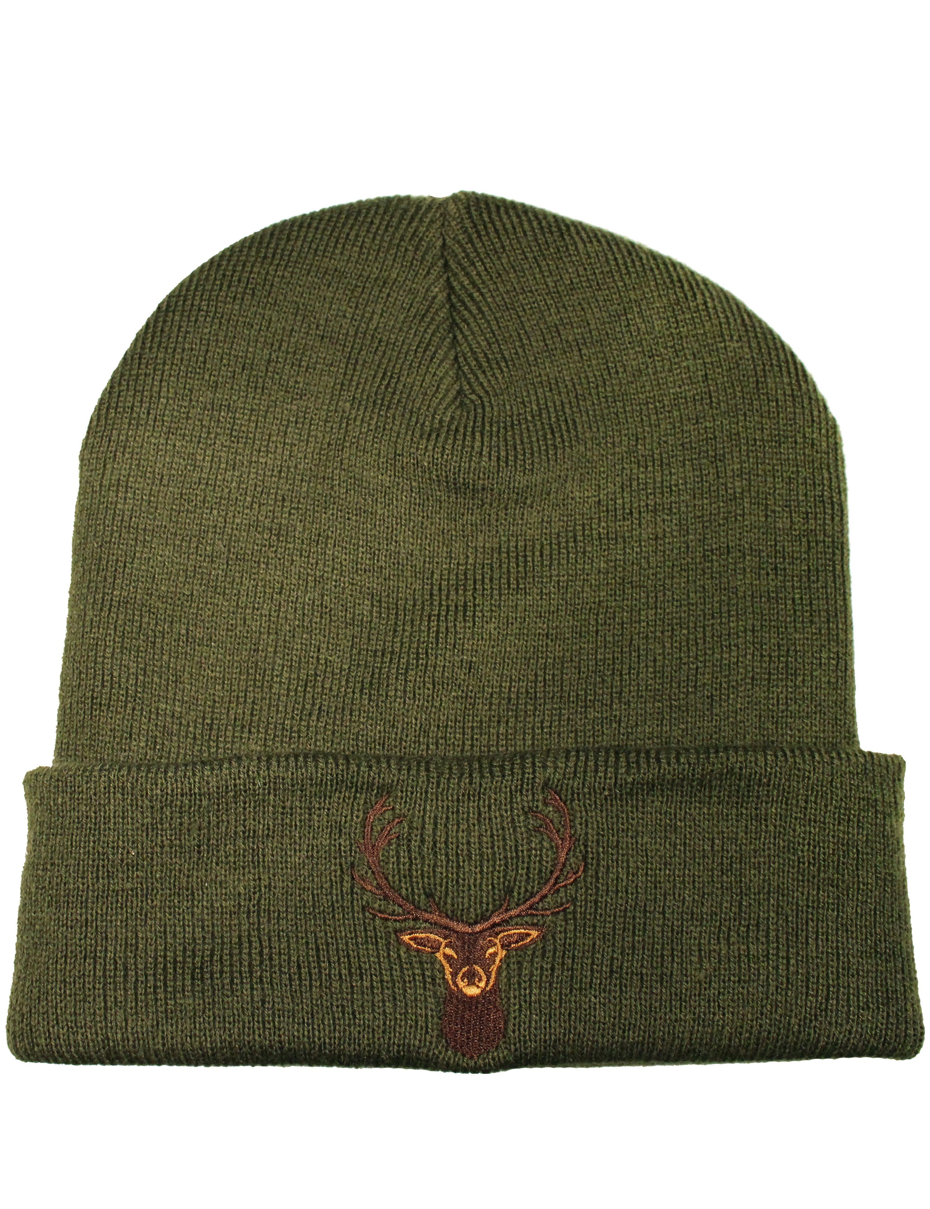 Baddery Beanie Strickmütze: "Hirsch" - Jäger Förster Wald, hochwertiger doppellagiger Strick, Stick-Motiv, One Size