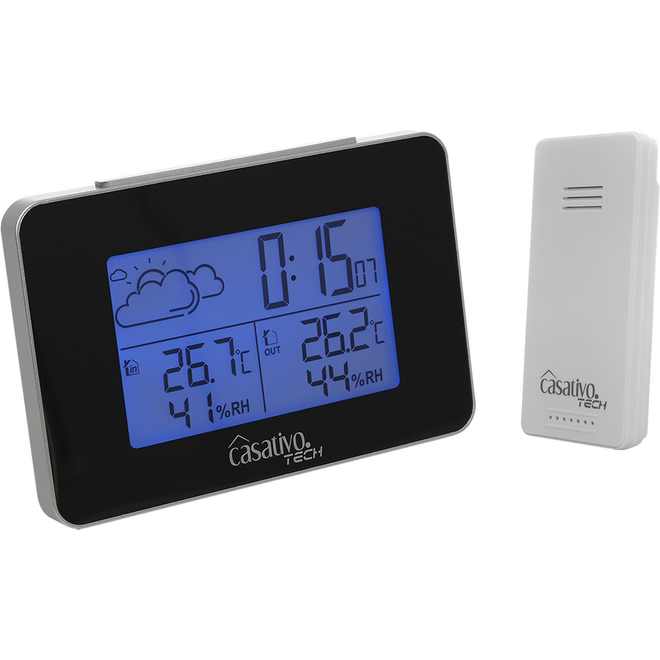 Casativo Wetterstation Funk mit Außensensor 60m kabellos Thermometer&Hygrometer Funkwetterstation (Wettervorhersage mit Symbolen & Eis-Warner/12-/24-h-Anzeige)
