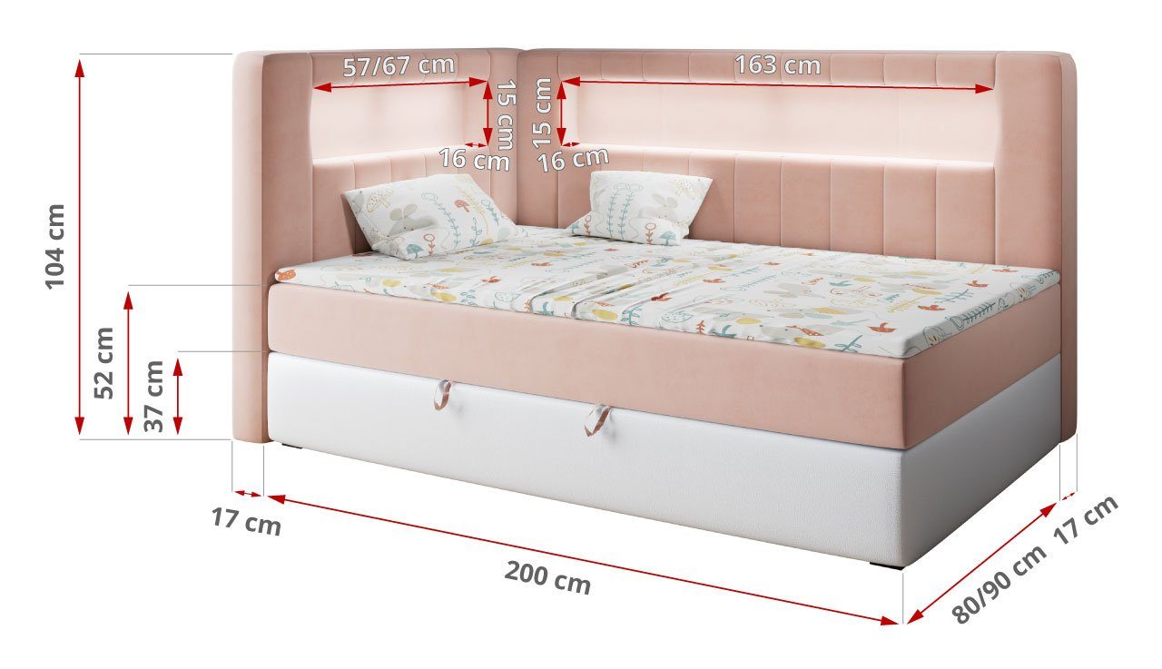 Kinderbett MÖBEL JUNIOR Kinderbett Weiß mit Led, 3, MKS GOLD Rosa und Jugendbett, Polsterbett