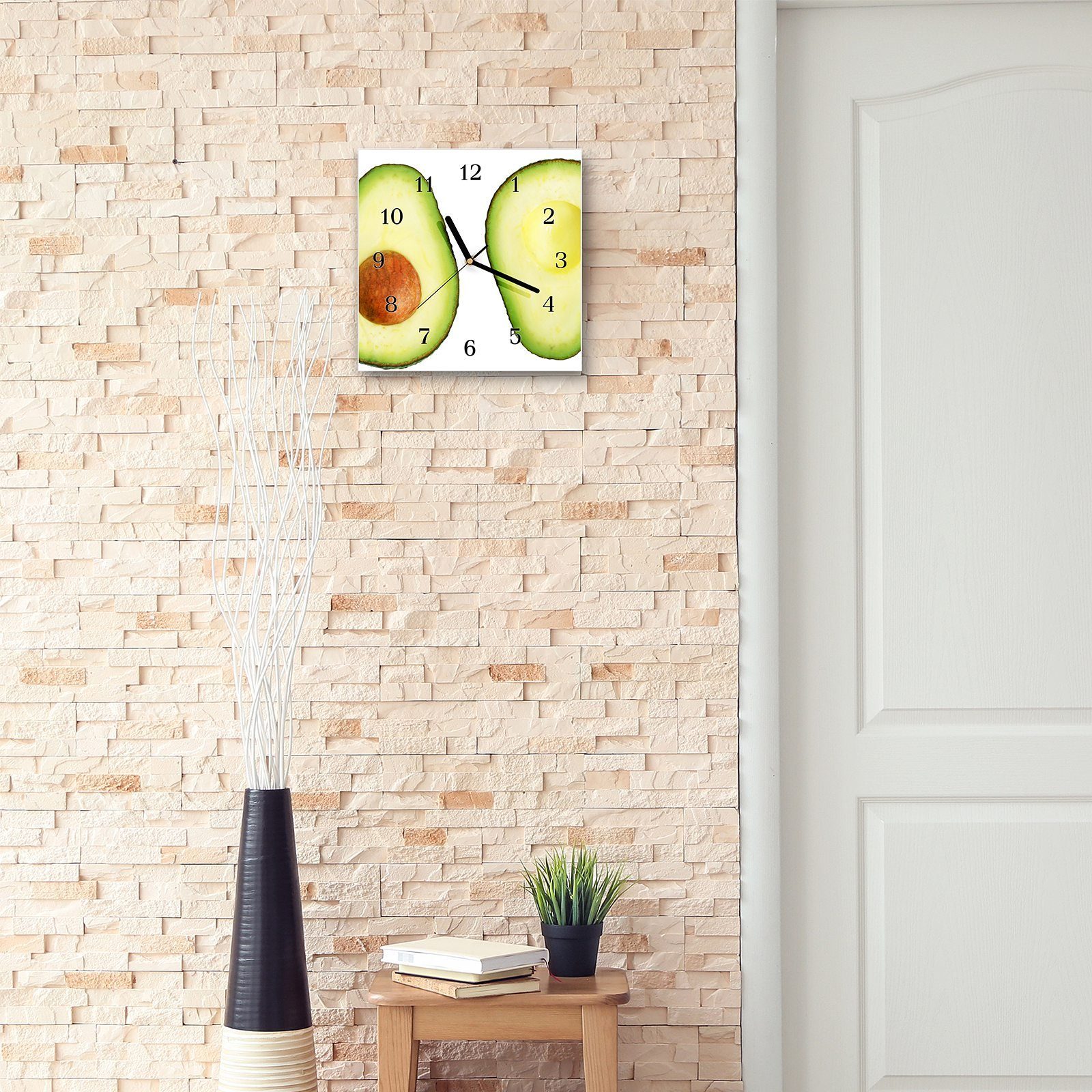 30 Größe Primedeco Wanduhr x 30 cm Avocado Motiv halbiert Wandkunst Wanduhr Glasuhr mit