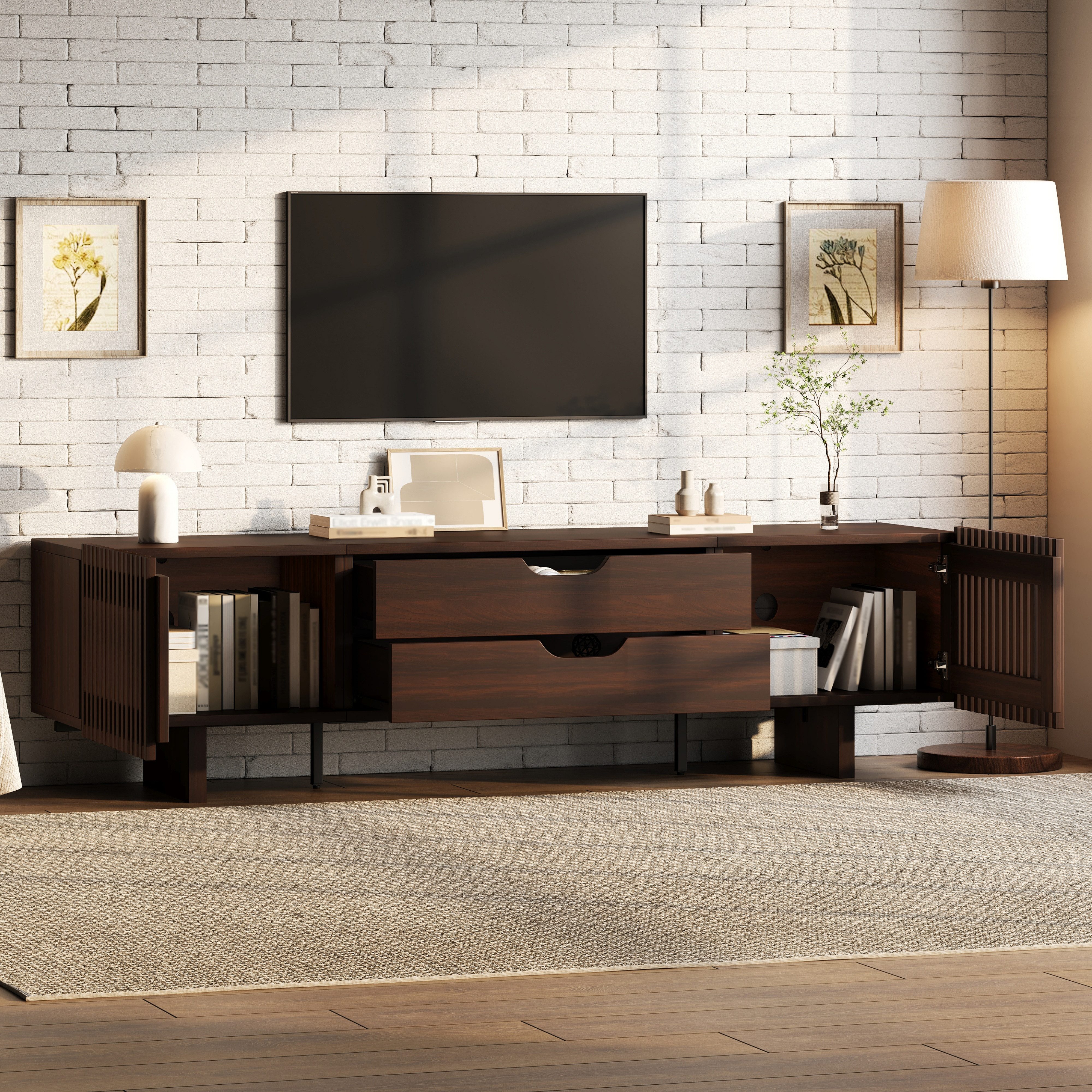 STILVORA Lowboard TV-Schrank mit zwei SchubladenTV-Regal für Fernseher bis zu 75 Zoll (TV-Schrank in Nussbaum dunkel, reibungsloses Öffnen und Schließen, Fernsehschrank mit Einzigartige Schranktüren), abriebfest, kratzfest und pflegeleicht