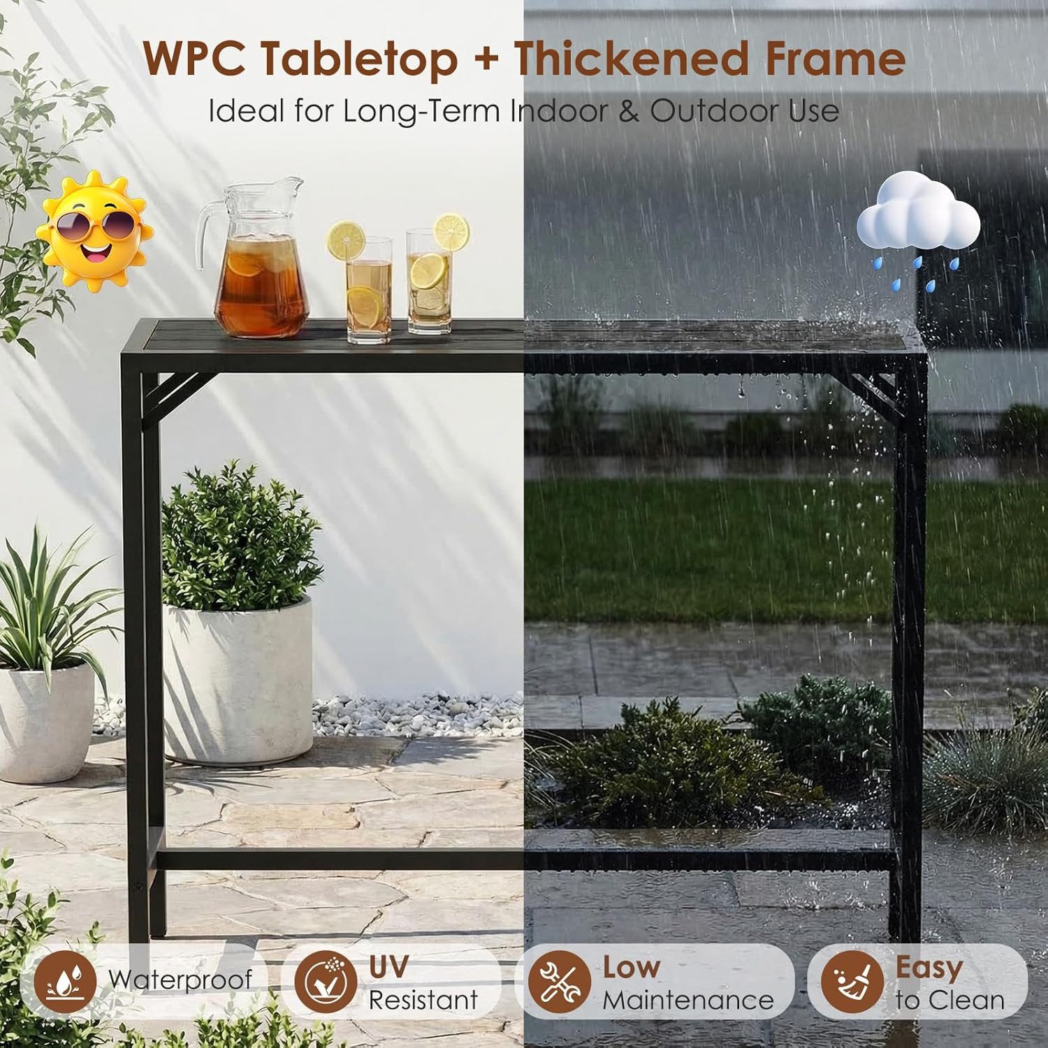 TLGREEN Gartentisch WPC Gartenbartisch 120x38x98cm (Wetterfester Bartisch Outdoor mit Metallgestell und verstellbaren Füßen, Stabiler Stehtisch Balkon Terrasse) – Bild 4 von 5