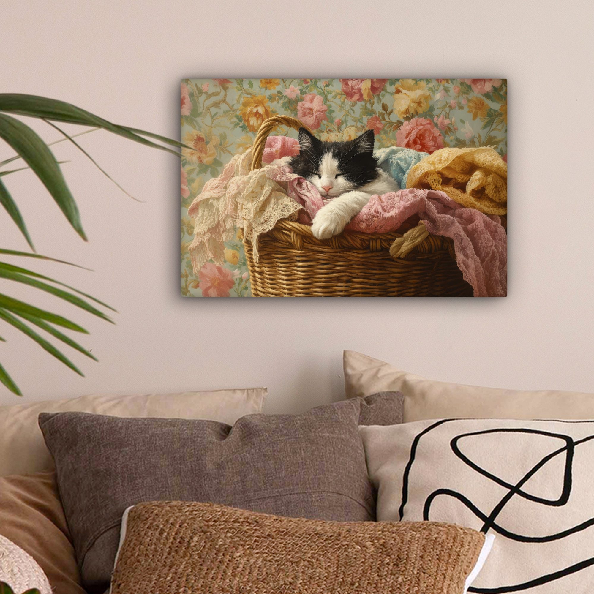 OneMillionCanvasses® Leinwandbild Katze - Blumendruck - Weidenkorb, Fotodru günstig online kaufen
