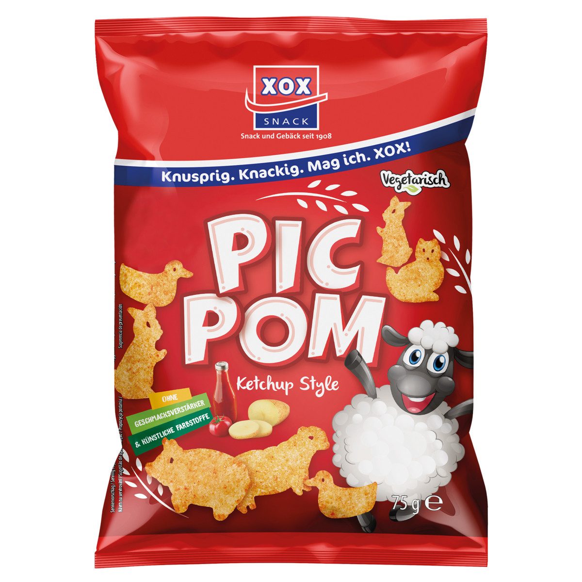 XOX Knabberei, XOX Pic Pom Ketchup knuspriger Kartoffelsnack mit Tomatengeschmack 75g