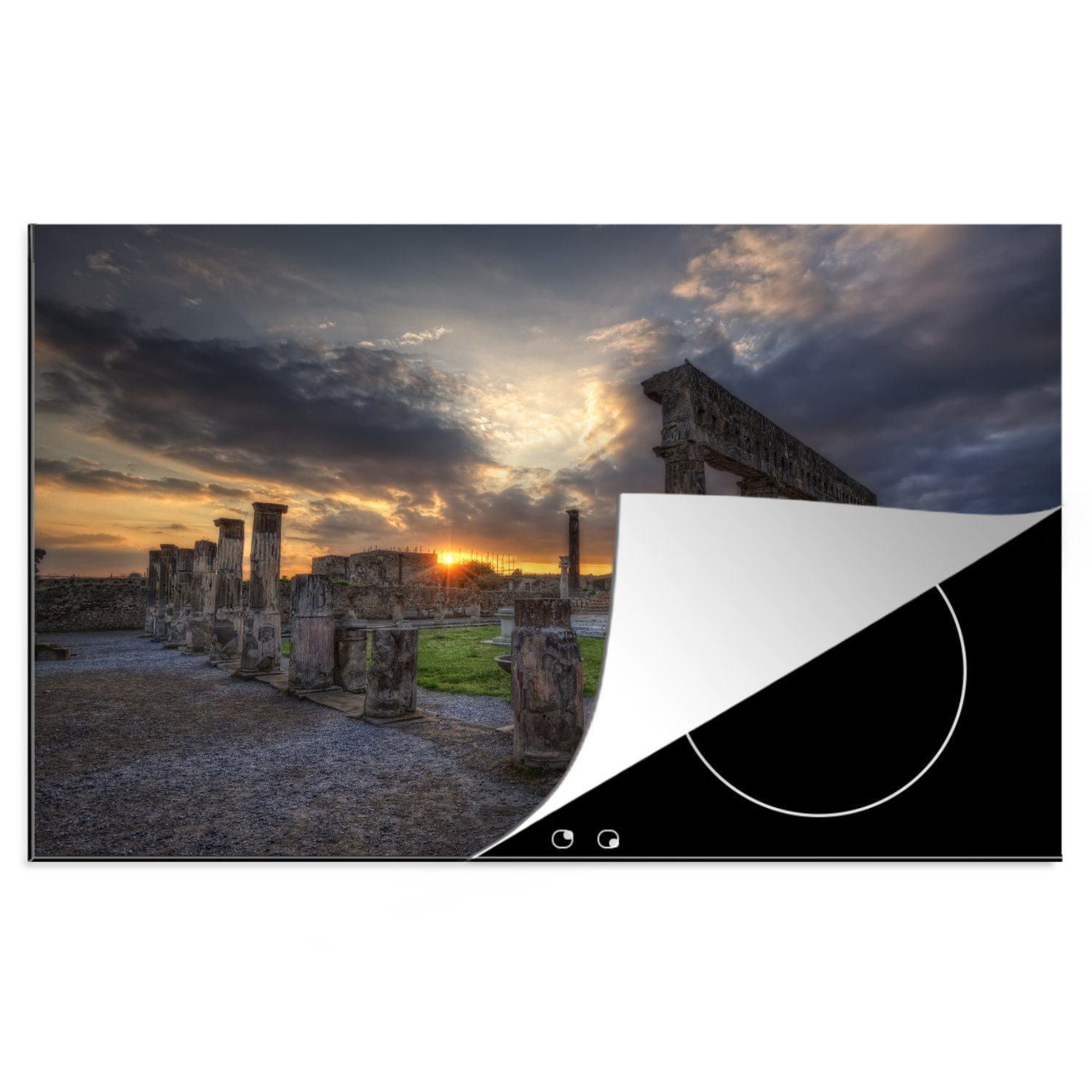 MuchoWow Herdblende-/Abdeckplatte Sonnenuntergang am Apollo-Tempel in Pompeji, Vinyl, (1 tlg), 81x52 cm, Induktionskochfeld Schutz für die küche, Ceranfeldabdeckung