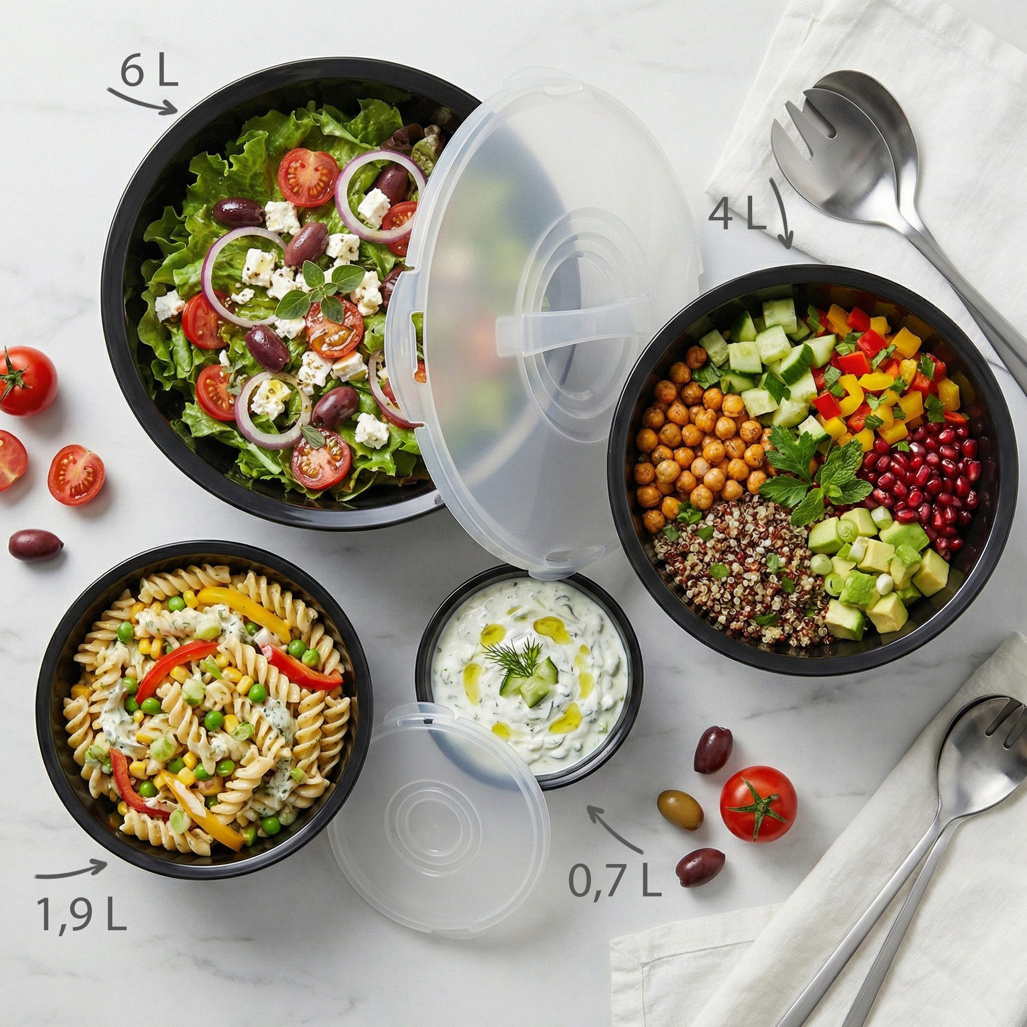 Hausfelder Salatschüssel Schüssel Set groß mit Deckel, 0,7-6 L Anthrazit Schwarz), Kunststoff, (8-tlg), Schüsseln 1x6 L, 1x3,6 L, 1x1,9 L, 1x0,7 L – Bild 3 von 5