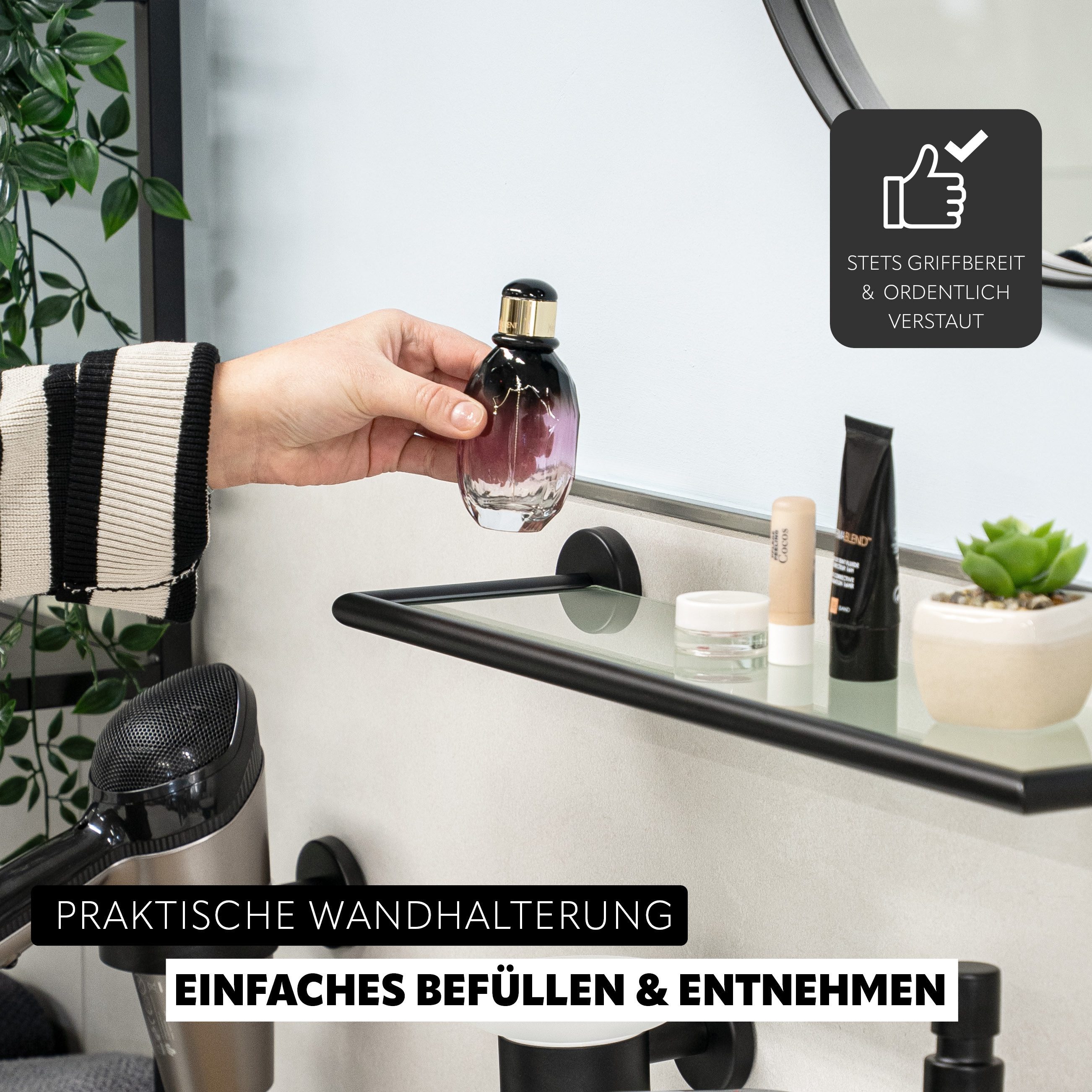 bremermann Wandregal Bad-Serie PIAZZA BLACK - aus Glas und Edelstahl matt schwarz, 1-tlg.