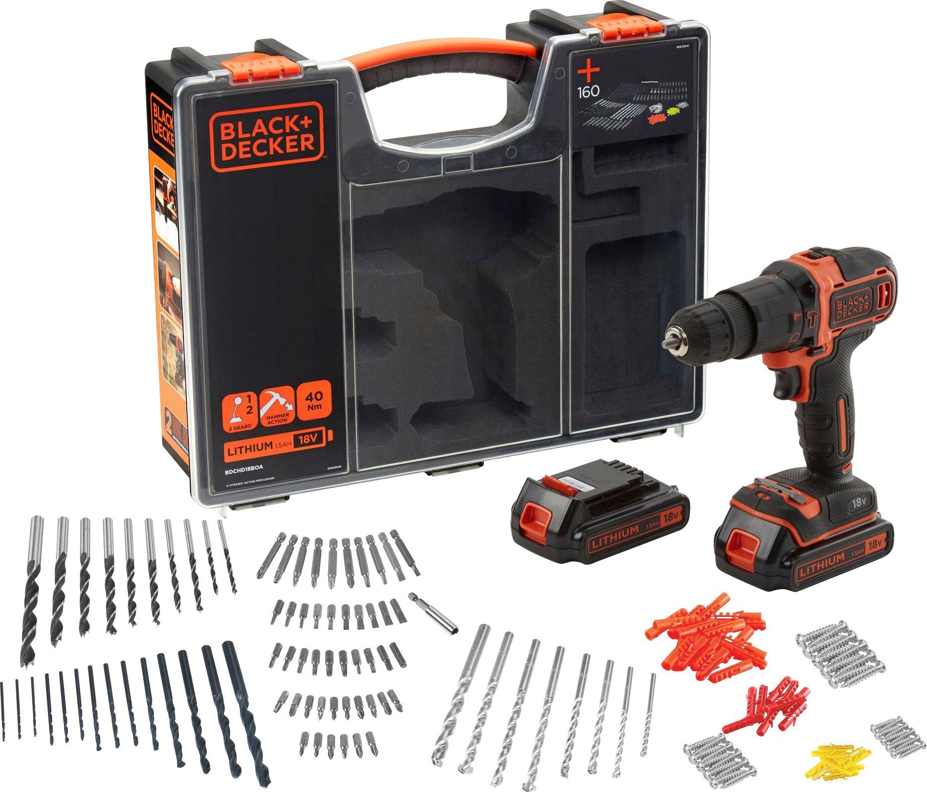 Bestpreis Black + Decker Akku-Schlagbohrschrauber BDCHD18BOA, mit 2 165-tlg), max. Koffer U/min, 160-tlg. 1500 und (Set, Zubehör Akkus