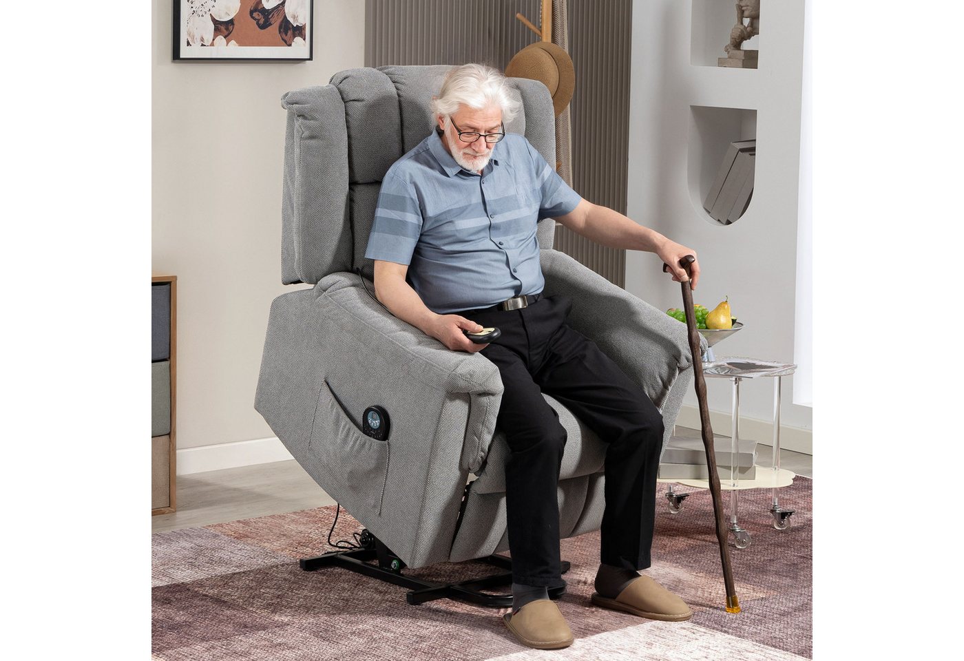 HOMCOM Relaxsessel Fernsehsessel mit Aufstehhilfe elektrisch mit Liegefunktion (Massagesessel, 1-St., TV Sessel), TV Sessel mit Fußteil, 2 Seitentaschen für Wohnzimmer Dunkelgrau