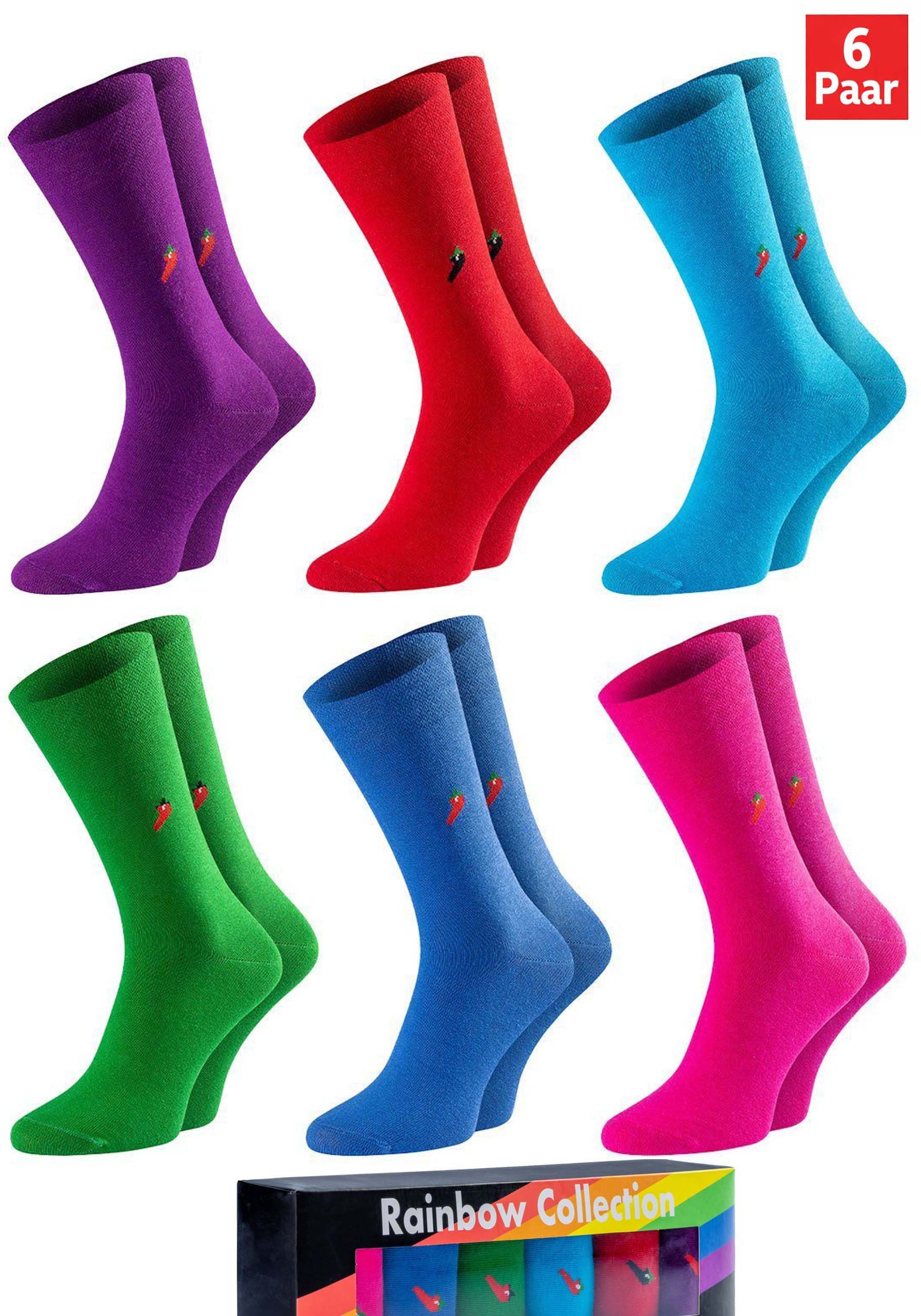 Chili Lifestyle Freizeitsocken LIMITED EDITION Rainbow Bunte Socken - Eyecatcher Farben aus Baumwolle (Multipack, 6-Paar, 6 Farben - Baumwollsocken) Weichbund ohne Gummidruck für Damen und Herren - Exklusive Geschenkbox