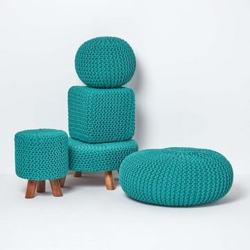 Homescapes Pouf Runder Strickpouf 100% Baumwolle, petrol