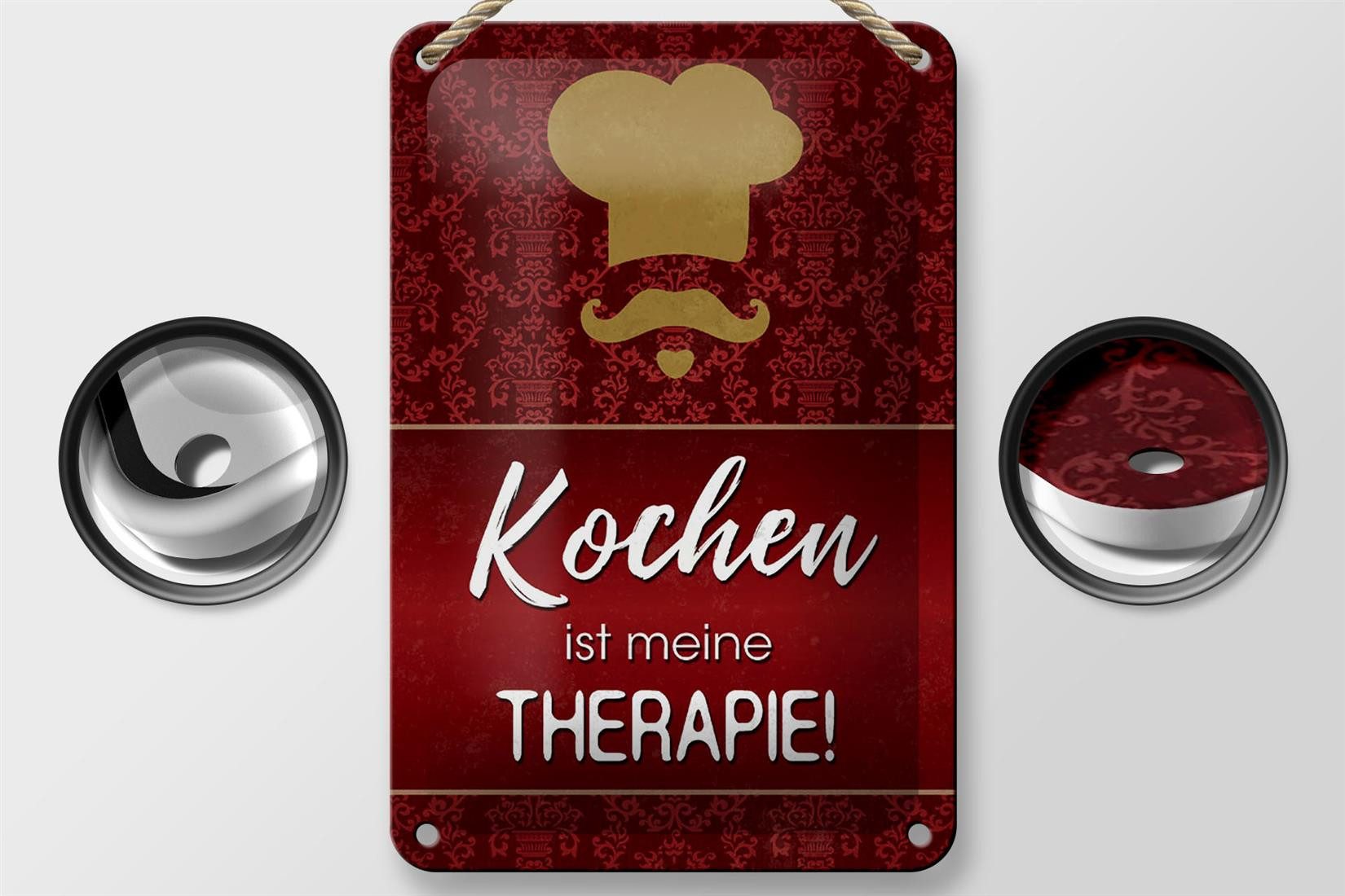 Femer GmbH Metallschild Spruch 12x18cm Kochen ist meine Therapie, (1 St), gewölbte Oberfläche, abgerundete Ecken, umgeschlagene Kanten