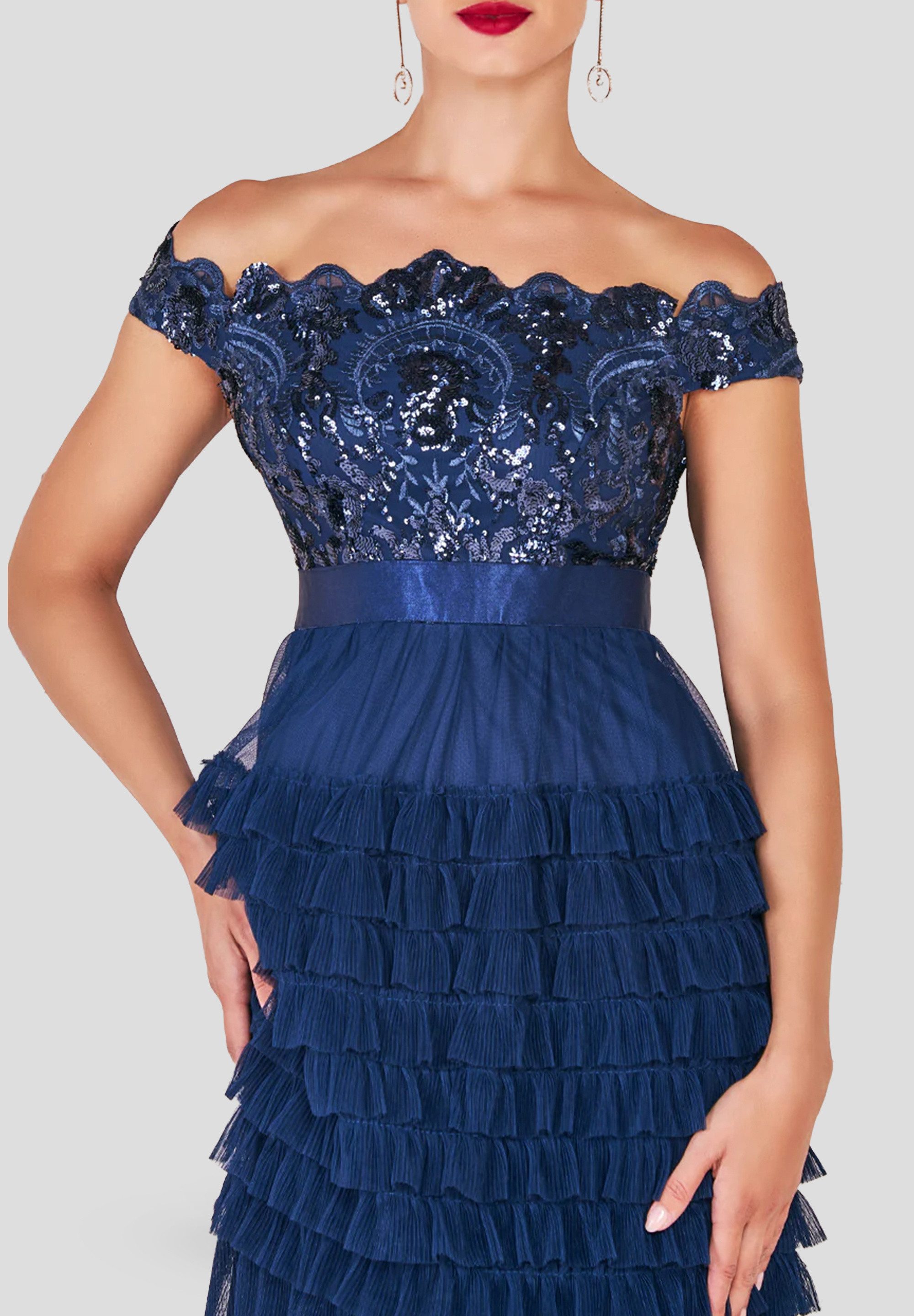 Goddiva Maxikleid Scallop Bardot Ruffle Mesh Maxi langes Kleid