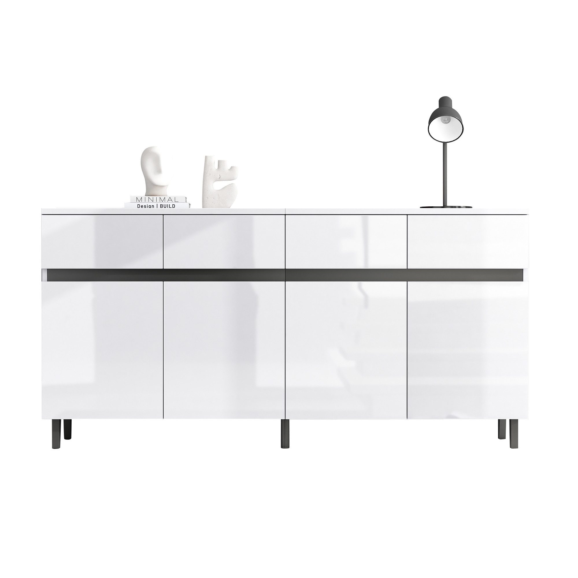 Sideboard Sideboard Weiß Hochglanz Front mit schwarzen Beinen