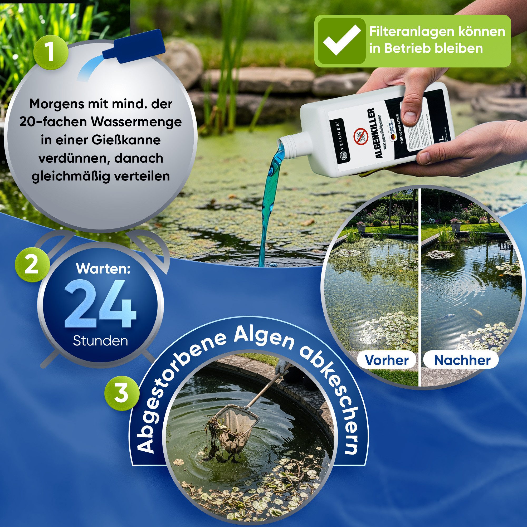 Teicher Algenbekämpfung Gegen Schwebe- & Blaualgen & Grünes Wasser im Teich, Effektiver Algenvernichter
