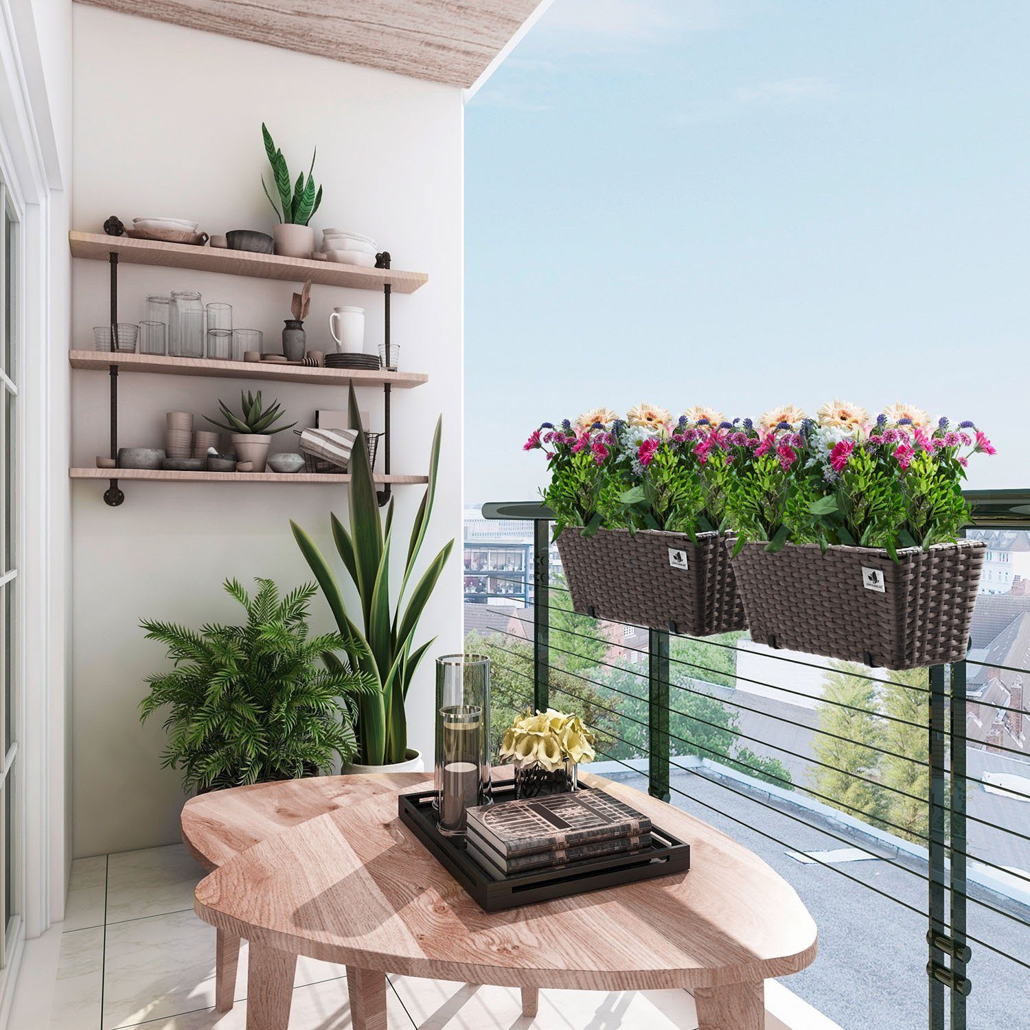 Gartenfreude Blumenkasten Balkonkasten 4er-Set mocca Pflanzgefäß im Polyrattan