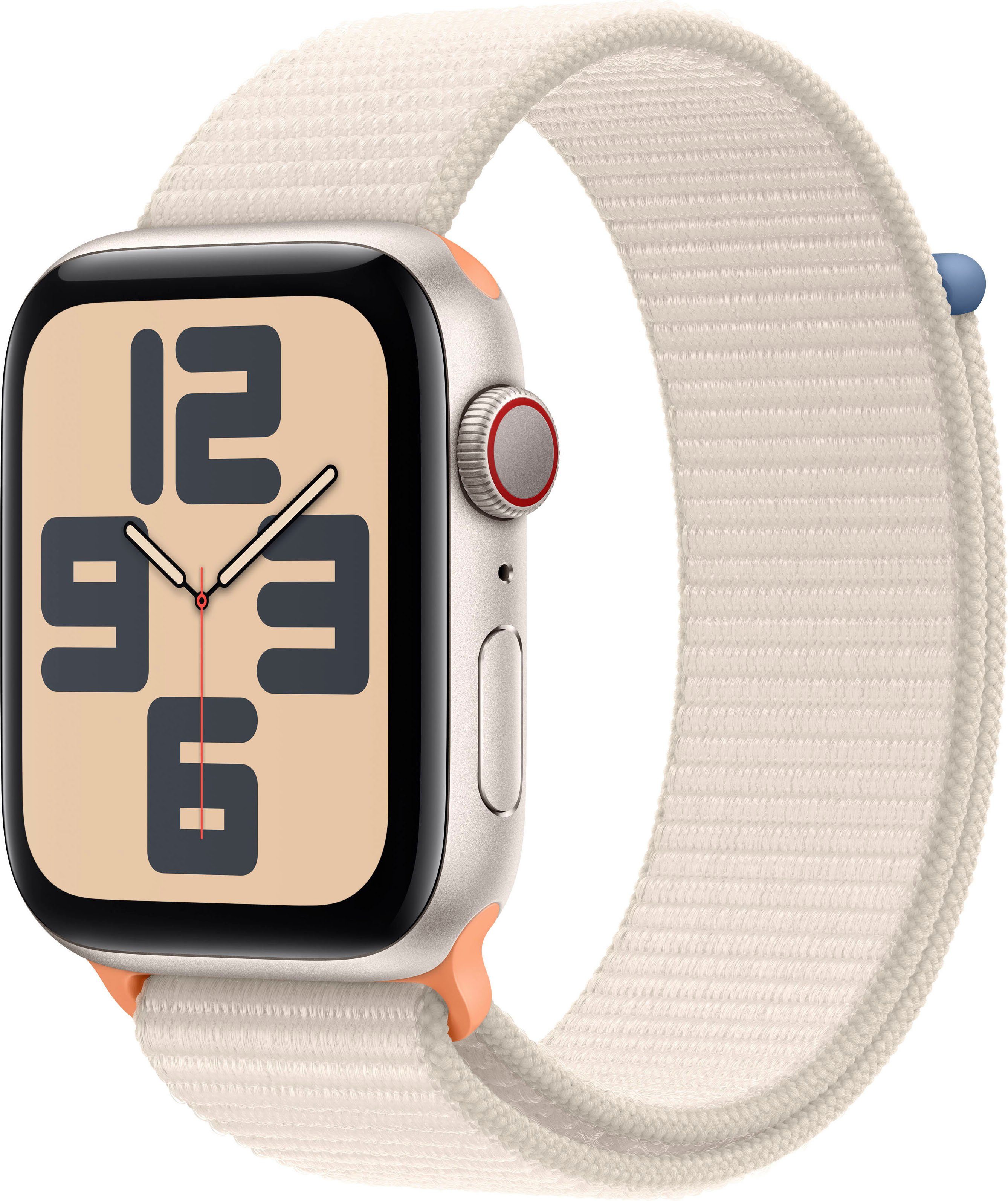 Apple Watch SE GPS Aluminium 44 mm + Cellular Smartwatch (4,4 cm/1,73 Zoll, Watch OS 10), Sport Loop polarstern | polarstern