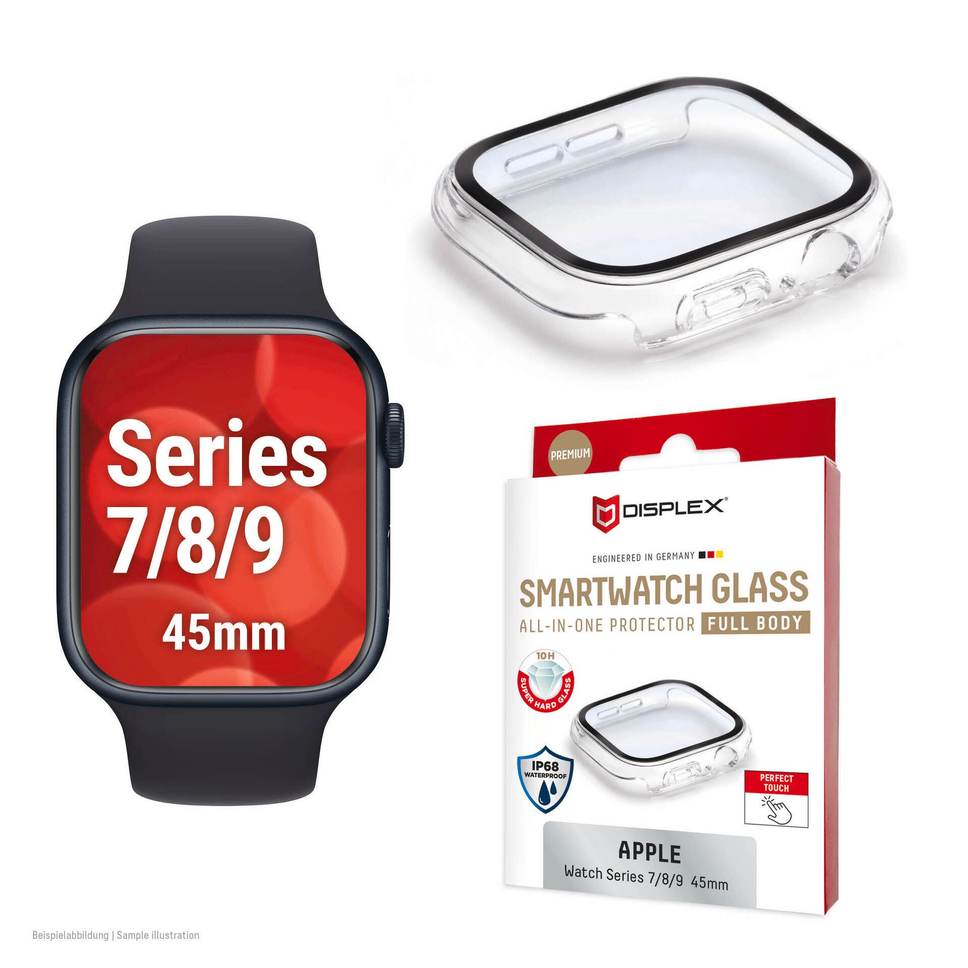 Displex Displayschutzglas Smartwatch Glass All-In-One Protector Full Body für Apple Watch Series 7 45 mm, Apple Watch Series 8 45 mm, Apple Watch Series 9 45 mm, Displayschutzfolie, Schutzfolie, Bildschirmschutz, kratz- & stoßfest