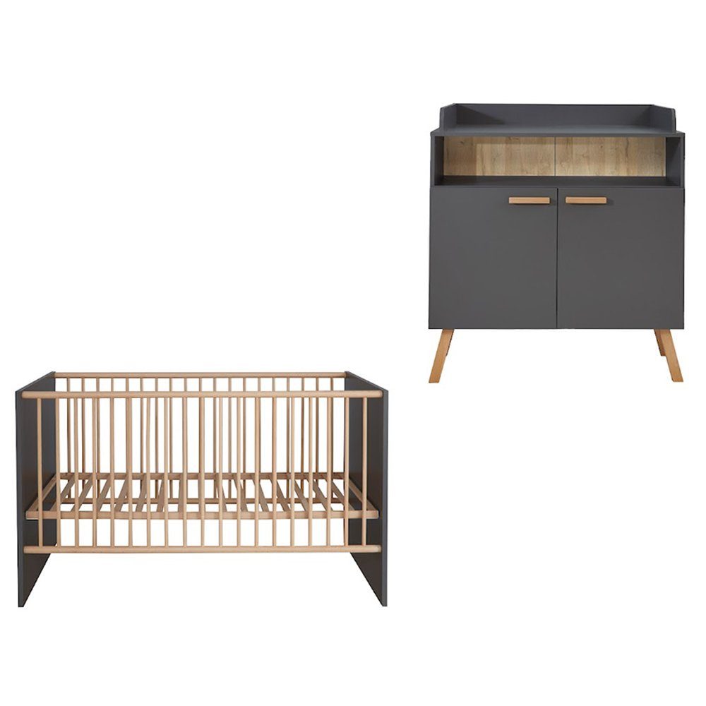 trendteam Babymöbel-Set, Babyzimmer-Set Babybett und Wickelkommode mit Wickelaufsatz in Grau