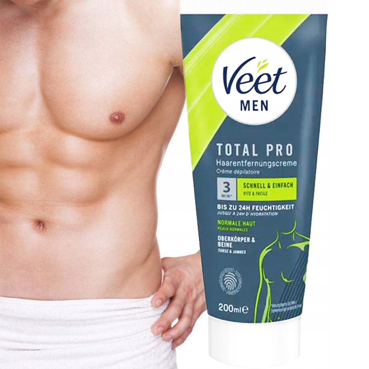 Veet Enthaarungscreme Veet Men Total Pro Haarentfernungscreme für die Brust 200 ml, Mit Aloe Vera und Vitamin E für die Hautpflege