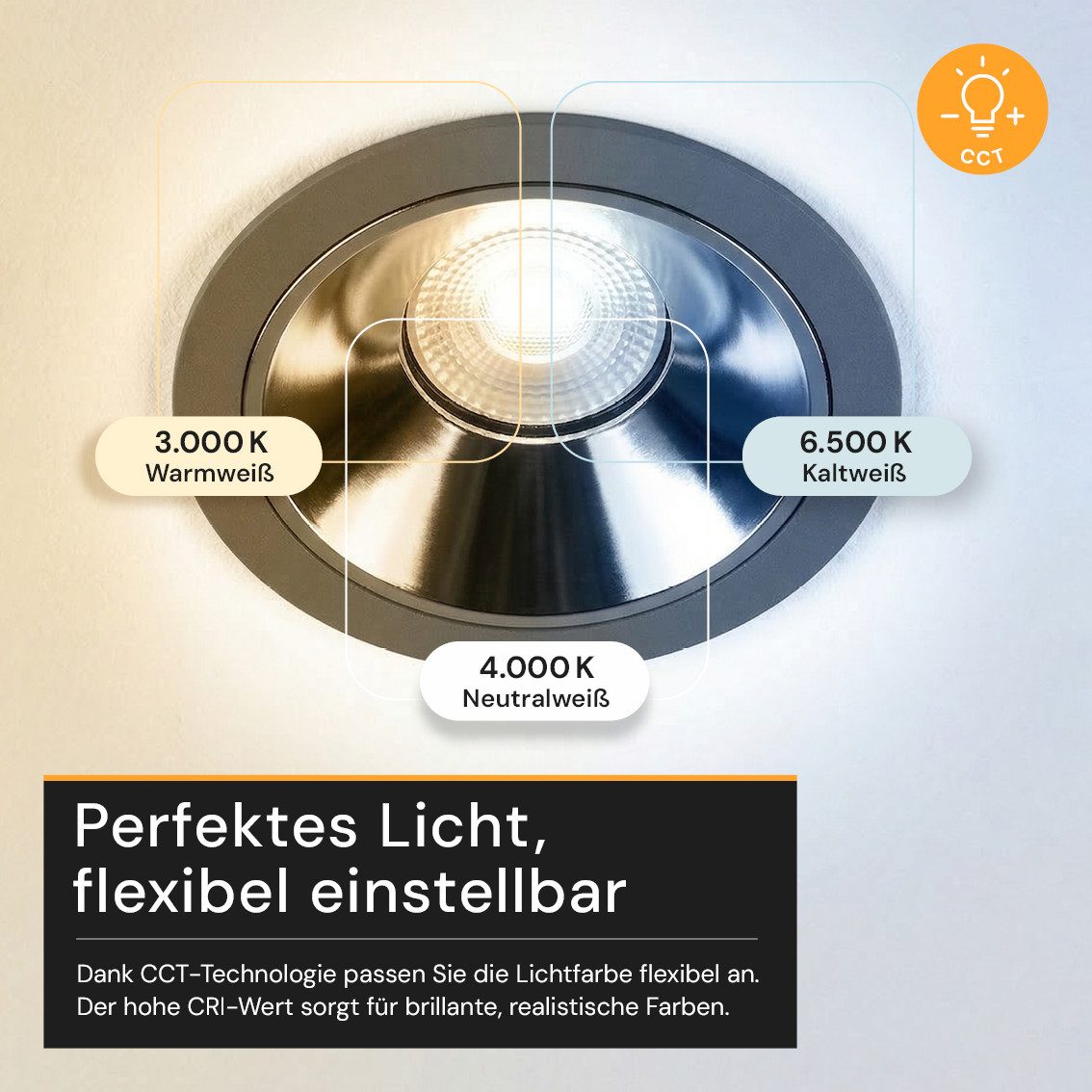 ENOVALITE LED Deckenspot CCT Einbaustrahler, LED fest integriert, Kalt- Warmweiß, 2700K-6500K, Lichtfarbe einstellbar, CRI90 Augenschonend