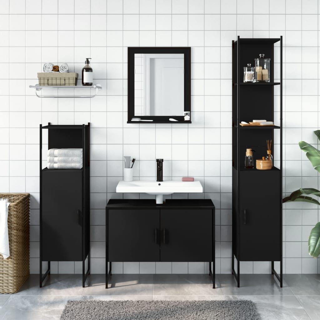 vidaXL Badezimmer-Set 4-tlg. Badmöbel-Set Schwarz Holzwerkstoff, günstig online kaufen