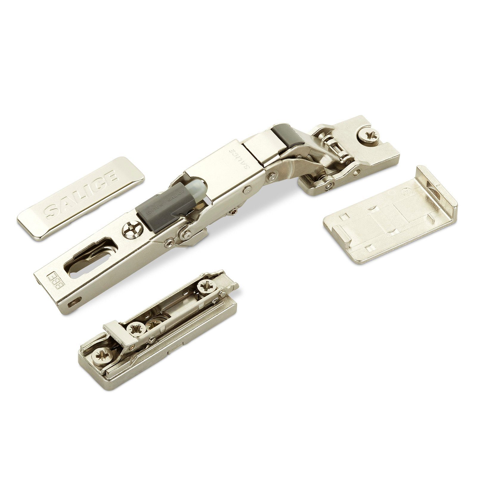 Salice Möbelbeschlag 2er Set Salice Universalscharnier 110° gedämpft oder ungedäm (2 St), für Glastüren, mit Montageplatte und Scharnierarmabdeckung