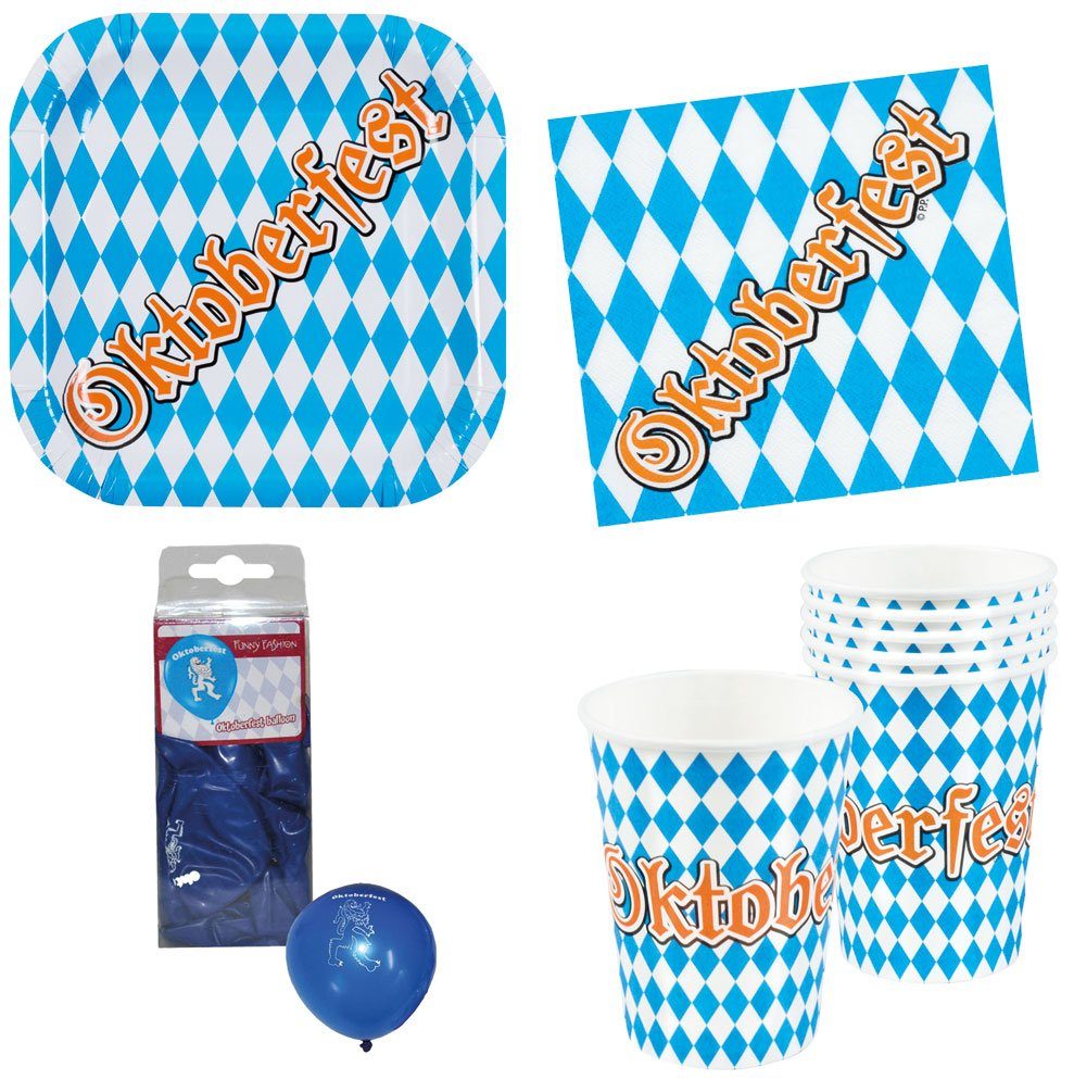 Karneval-Klamotten Einweggeschirr-Set Party Set XXL Bayern Oktoberfest blau-weiß 36 Tlg, Partygeschirr Pappteller Pappbecher Servietten | Einweggeschirr-Sets