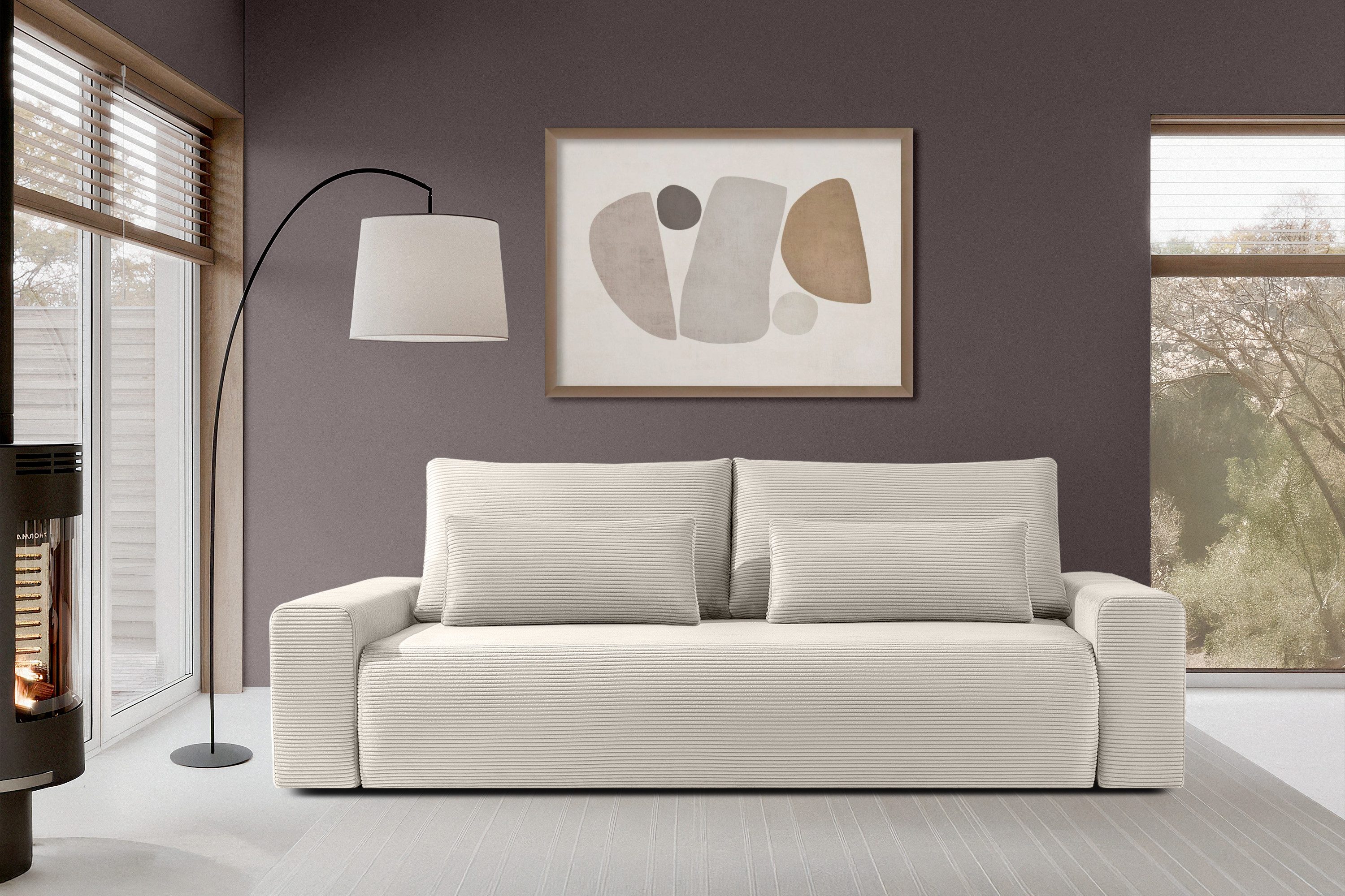 KONSIMO® 3-Sitzer MOLLIS Schlafsofa, Einzelsofa, mit Wellenfeder, hergestellt in der EU, Mega große Liegefläche für bis 2,5 Personen, mit Schlaffunktion, mit Bettkasten, mit zwei Zierkissen, Modern