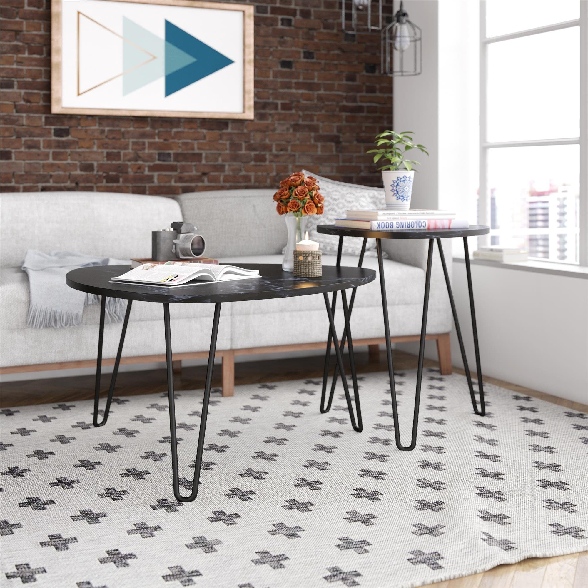 loft24 Satztisch Athena (Set, 2-St), Couchtisch, Wohnzimmertisch Set, Marmoroptik, Metallbeine, modern